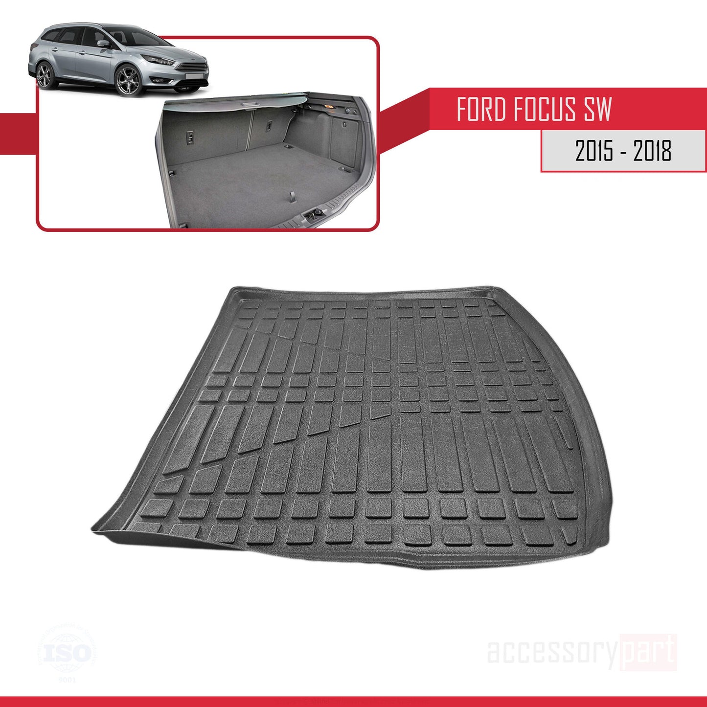 Compatibile con Ford Focus 3 (C346) Station Wagon Post-Facelift 2015-2018 Tappetino flessibile per bagagliaio, piano di carico, nero
