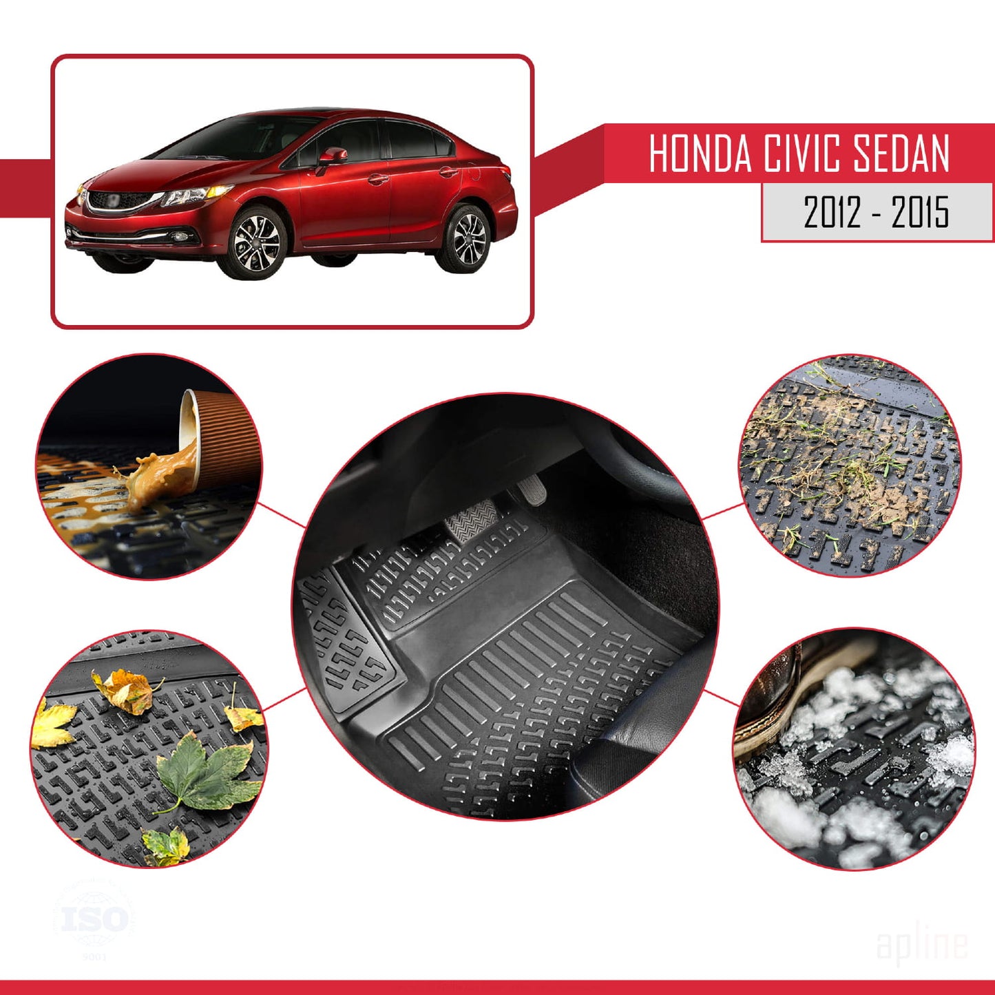 Tappetini auto neri compatibili con Honda Civic 9 (FB) Sedan 2012-2015 4D