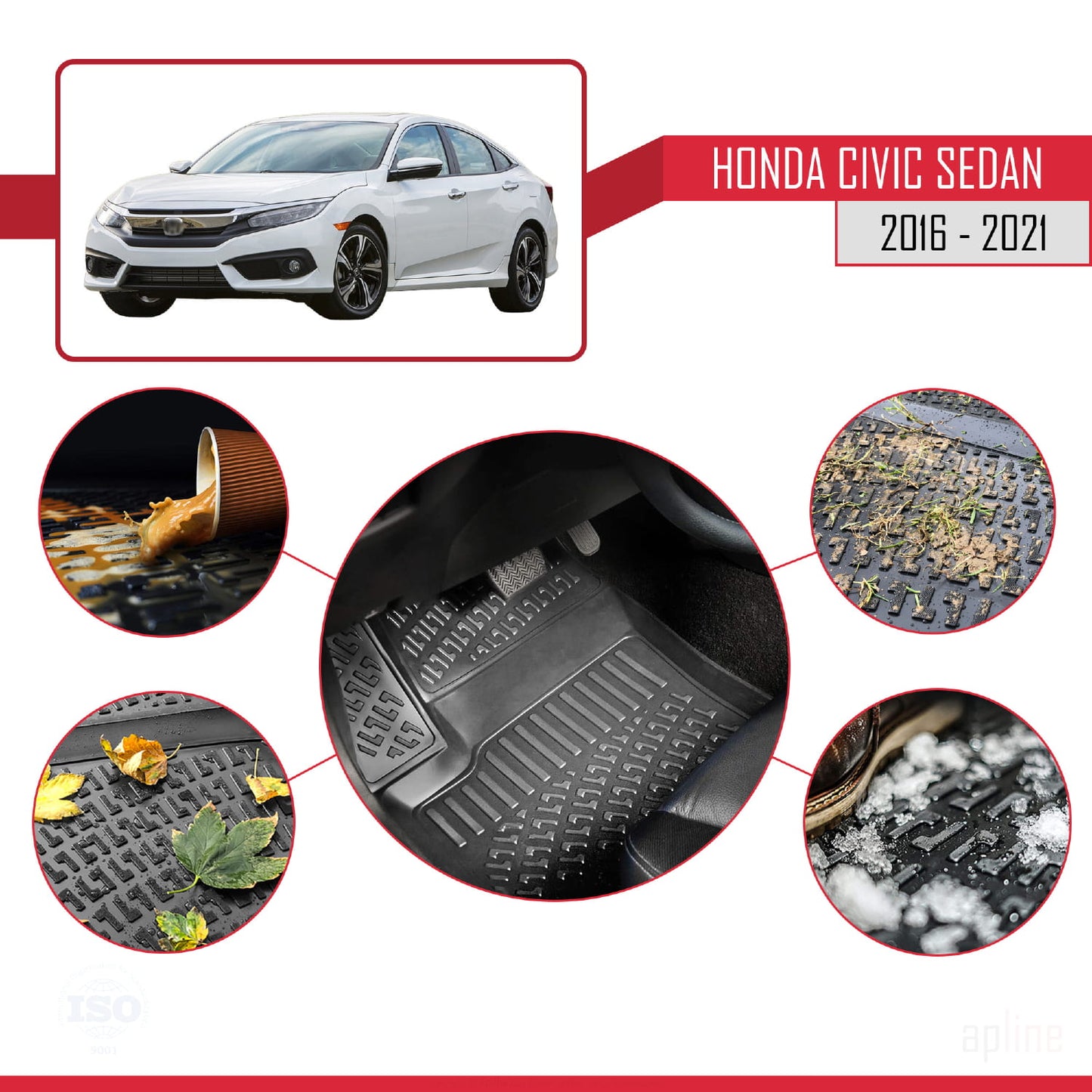 Tappetini auto neri compatibili con Honda Civic 10 (FC) Sedan 2016-2021 4D