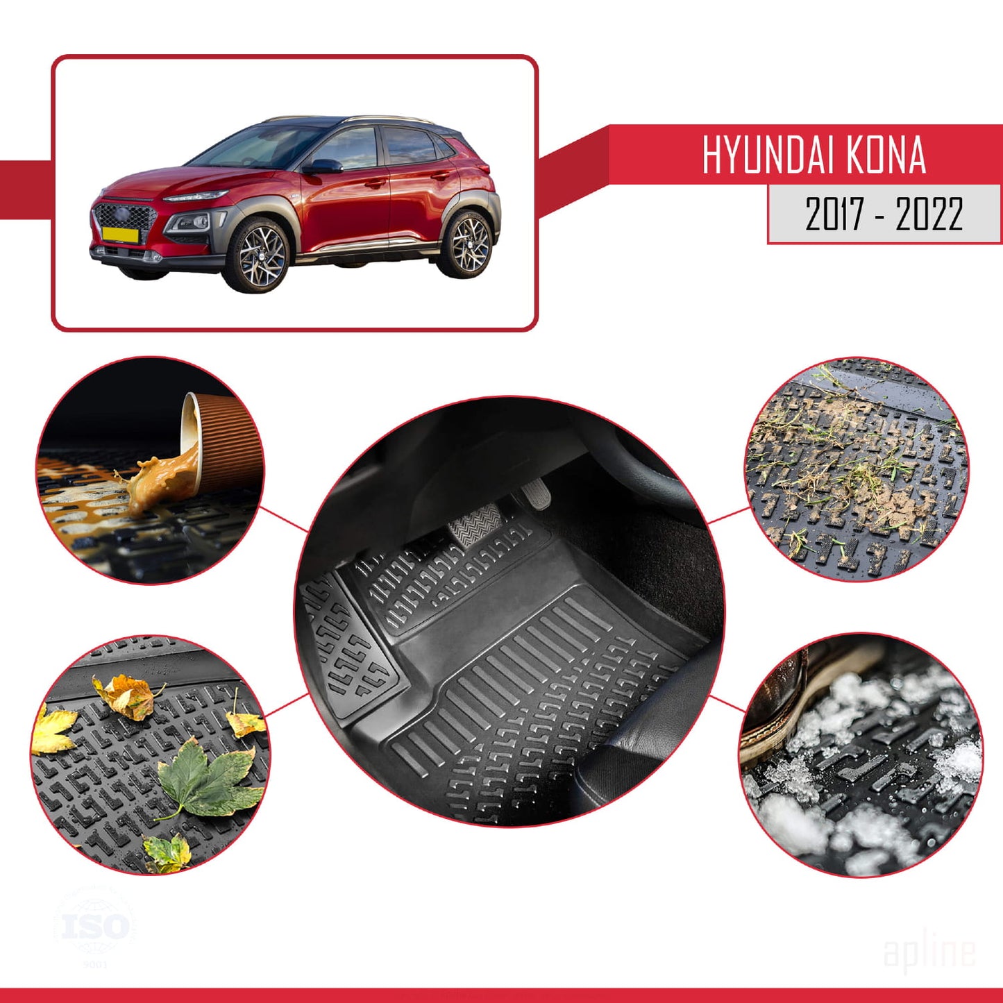 Tappetini auto compatibili con Hyundai Kona (OS) 2017-2022 4D neri