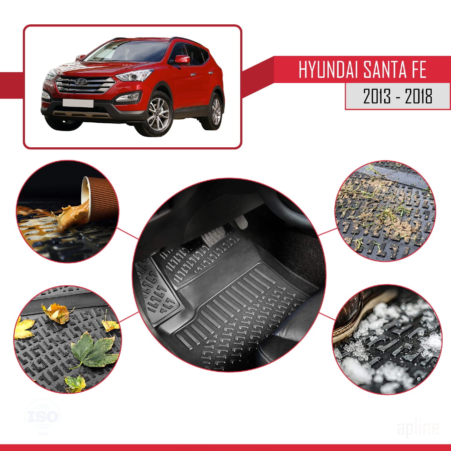 Tappetini auto compatibili con Hyundai Santa Fe 3 (DM) 2013-2018 4D neri