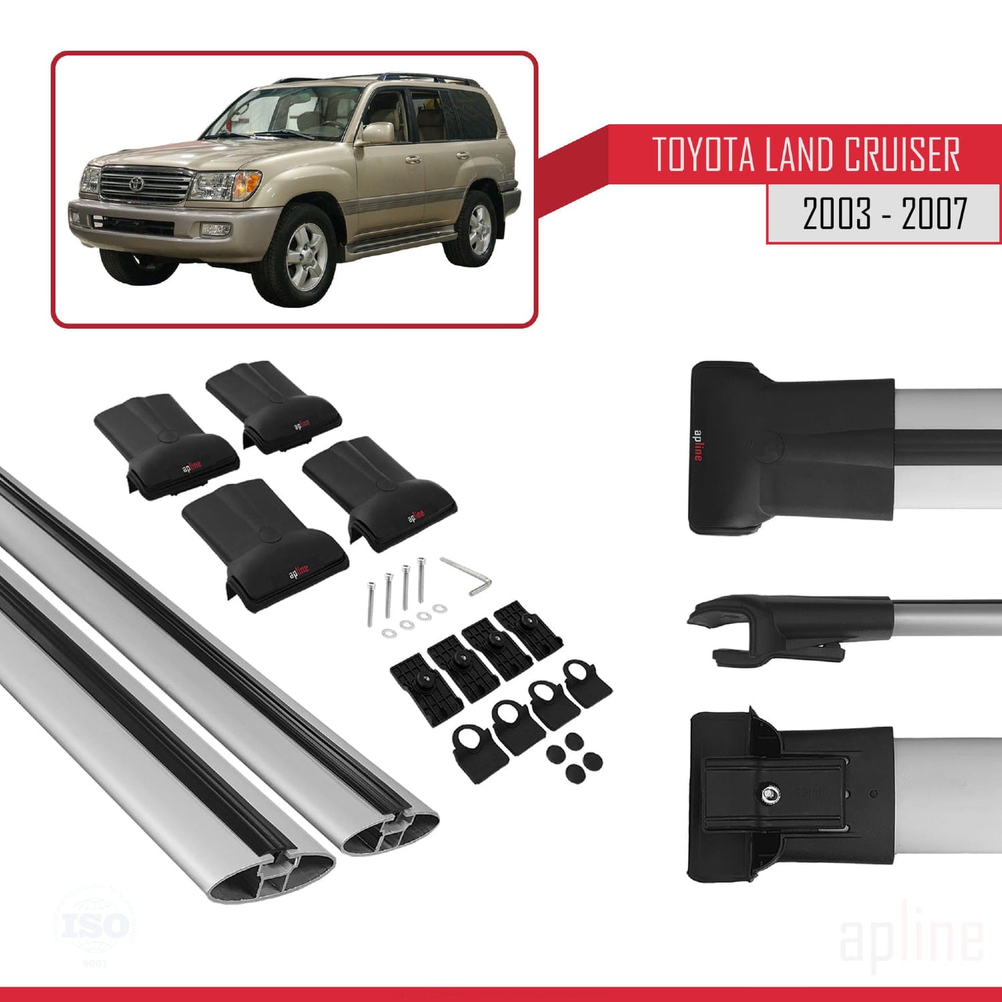 Compatible with Toyota Land Cruiser (J100) 2003-2007 FLY Model Car Roof Rack Cross Bar Grey Aluminium 2 Bars