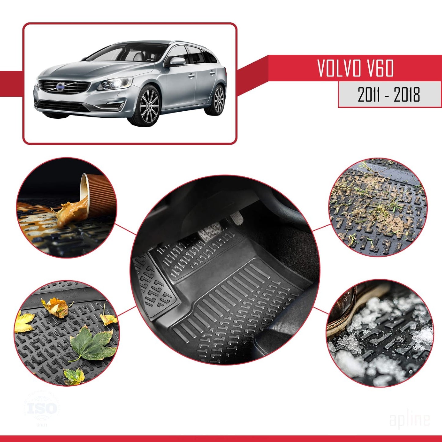 Compatible avec Volvo V60 2011-2018 4D Tapis de Voiture Noir