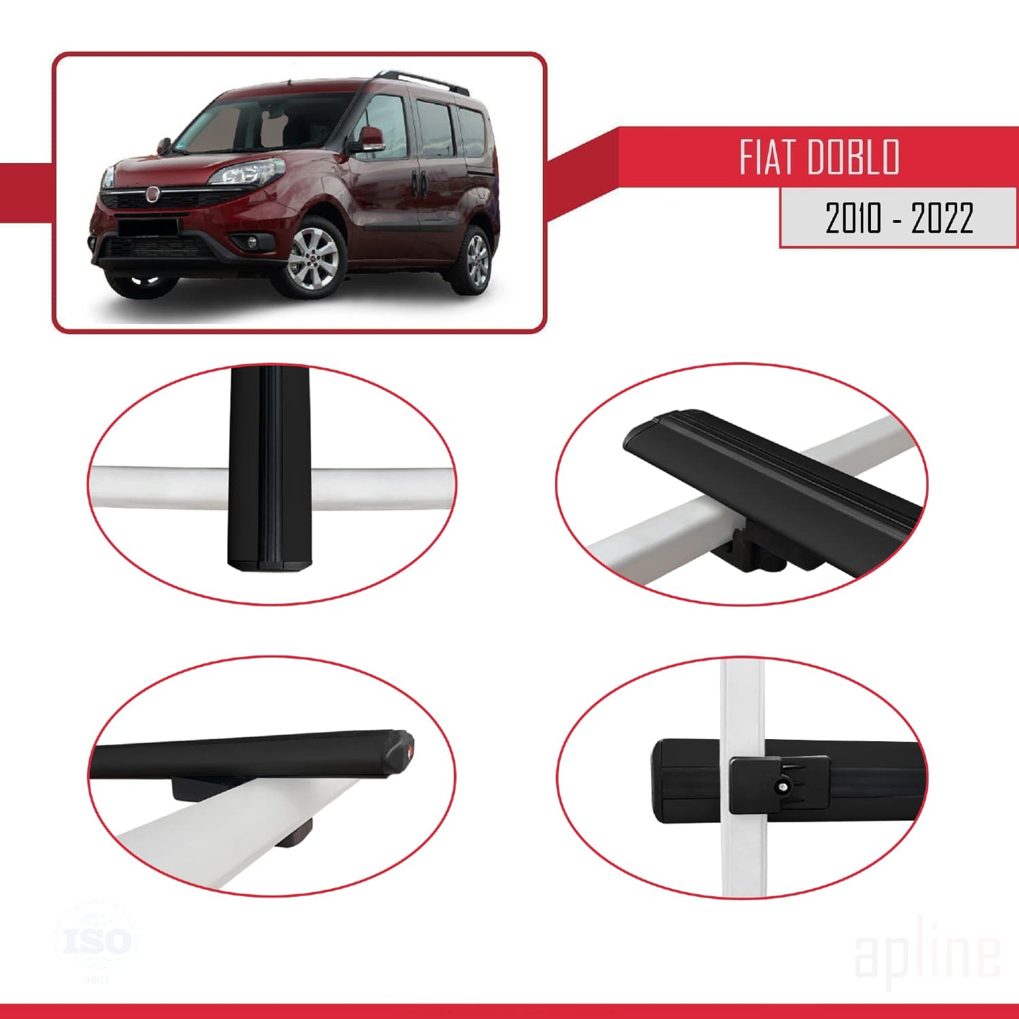 Compatibile con Fiat Doblo 2 2010-2022 modello BASIC Barre portatutto Railing Portapacchi per auto Alluminio nero 4 barre