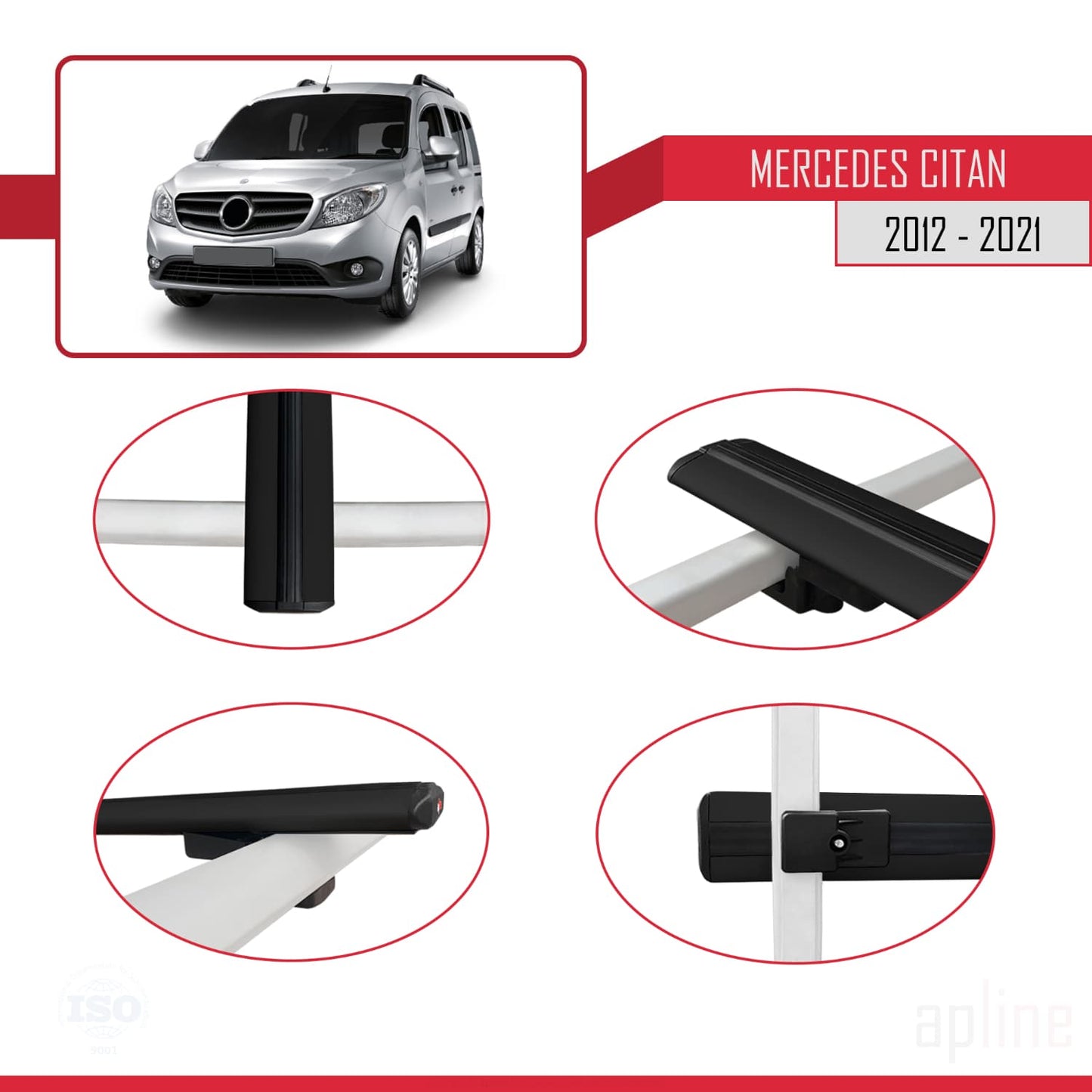 Compatible avec Mercedes Citan (W415) 2012-2021 BASIC Model Barres de Toit Railing Porte-Bagages de Voiture Noir Aluminium 3 Barres