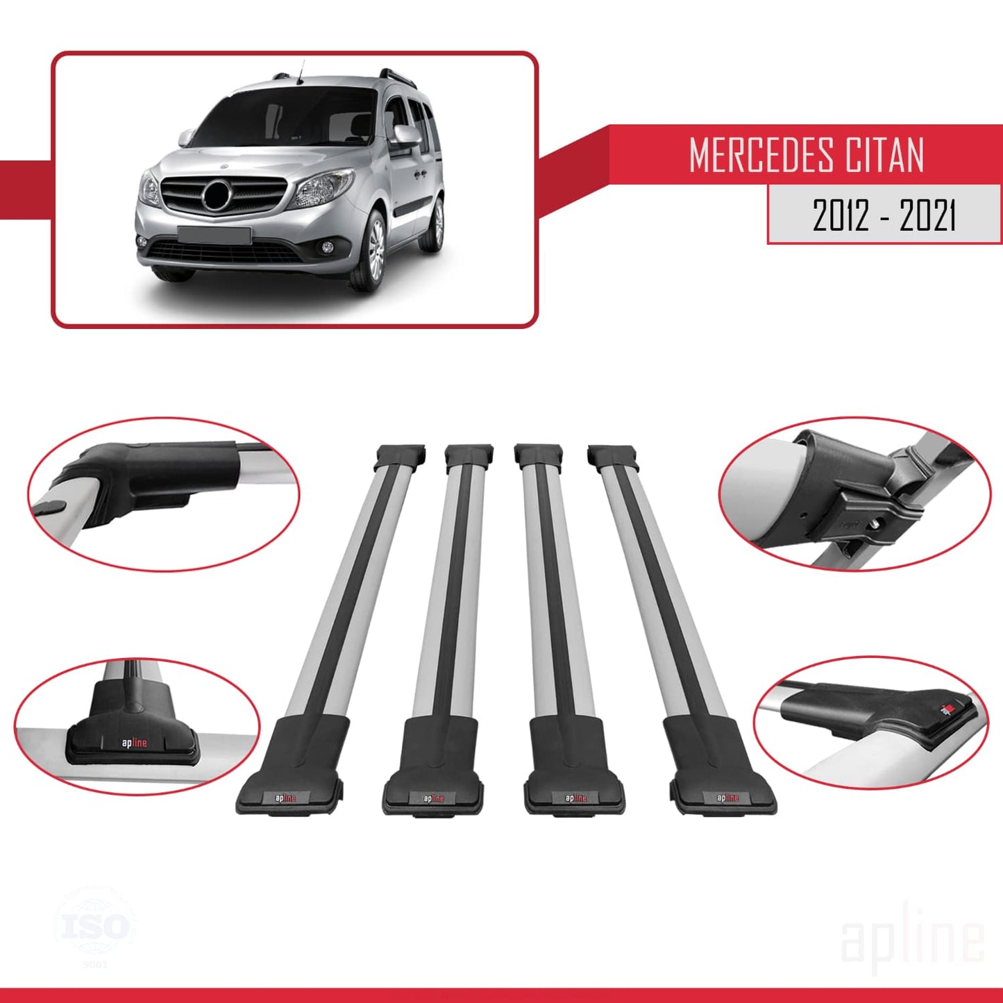 Compatible avec Mercedes Citan (W415) 2012-2021 FLY Model Barres de Toit Railing Porte-Bagages de Voiture Gris Aluminium 4 Barres