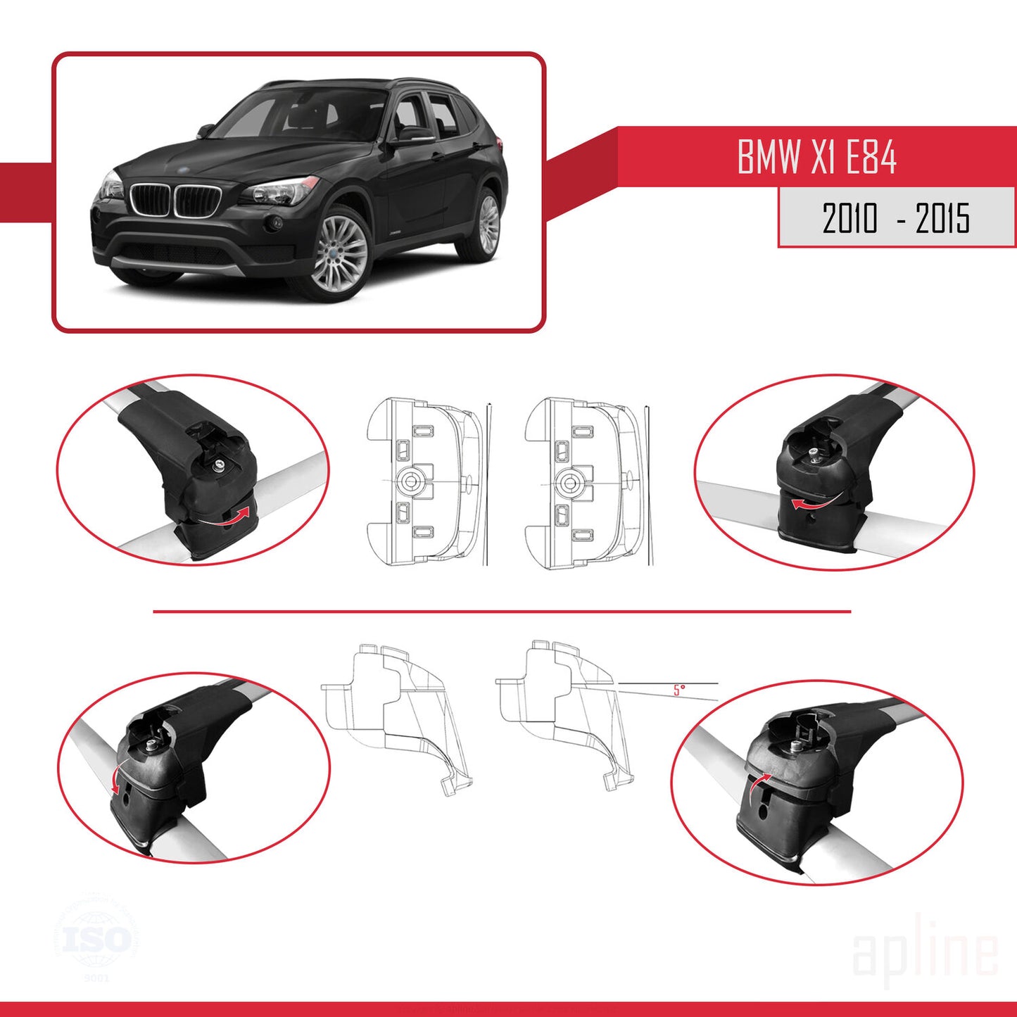Kompatibel mit BMW X1 (E84) 2010-2015 ACE-2 Dachgepäckträger, Reling, Gepäckträger, graues Aluminium, 2 Stangen