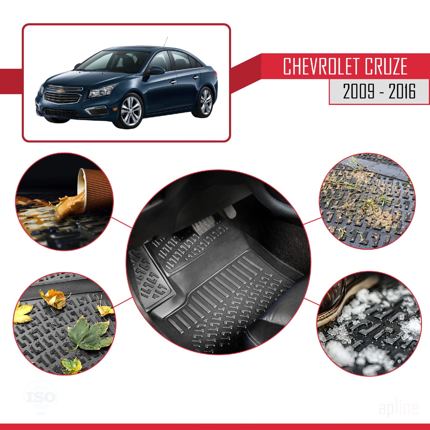 Compatibile con Chevrolet Cruze (J300) 2009-2016 4D Tappeti in Gomma Nero