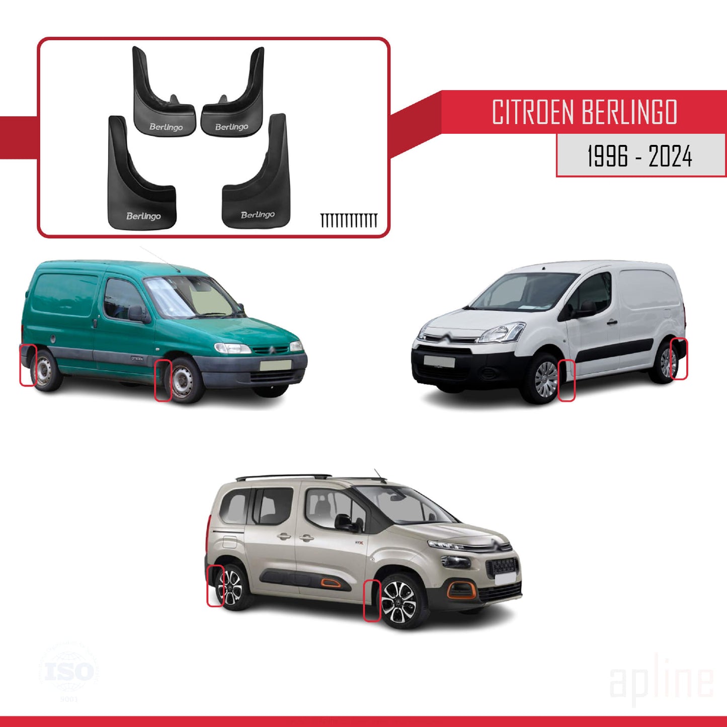 Compatibile con Citroen Berlingo 1996, set di 4 paraspruzzi anteriori e posteriori per auto, neri