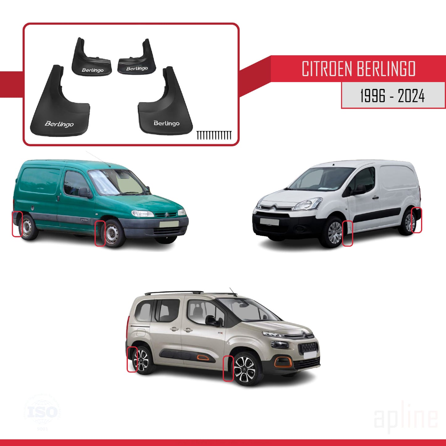 Compatibile con Citroen Berlingo 1996, set di 4 paraspruzzi anteriori e posteriori per auto, neri
