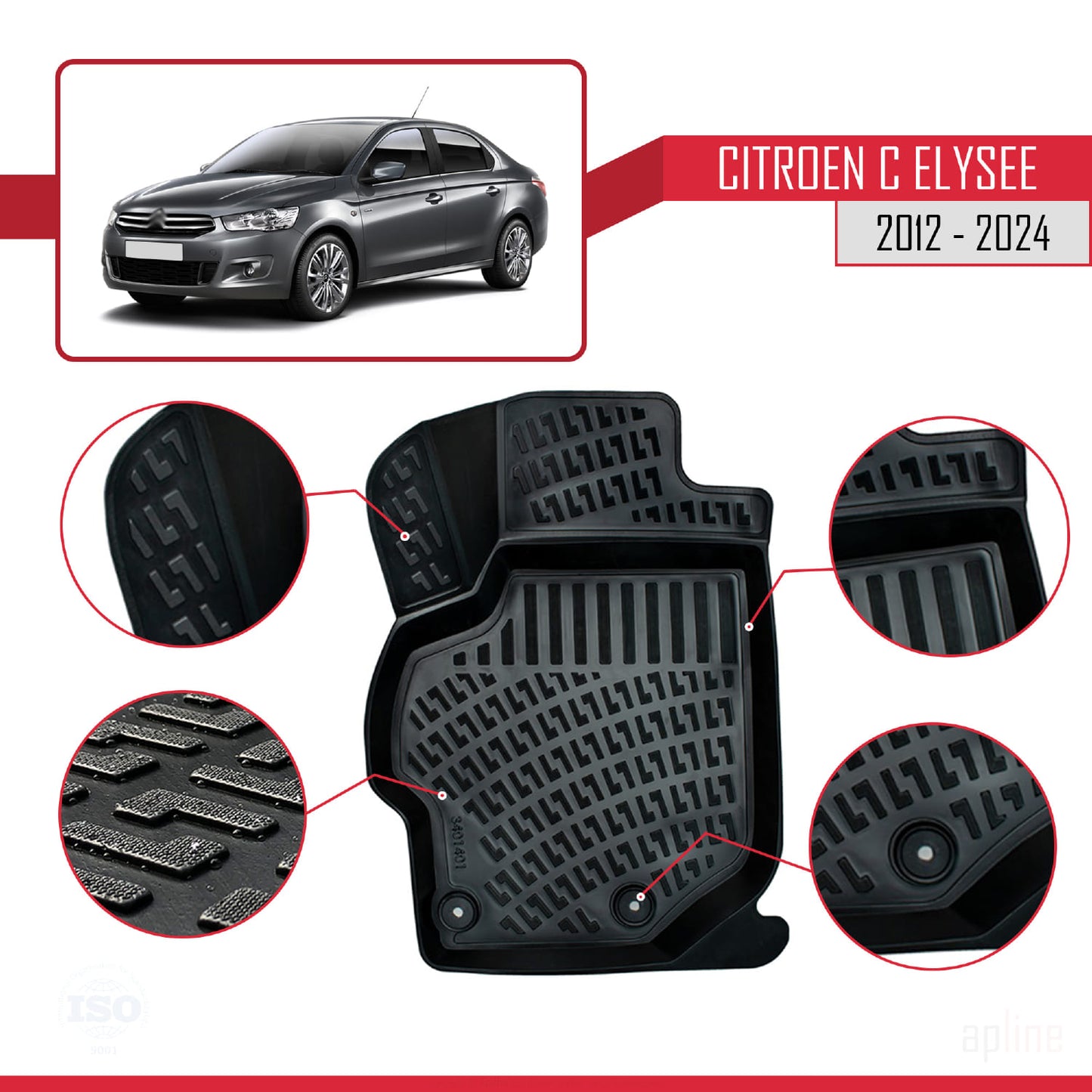 Compatible avec Citroen C-Elysee 2012-2024 4D Tapis de Voiture Noir