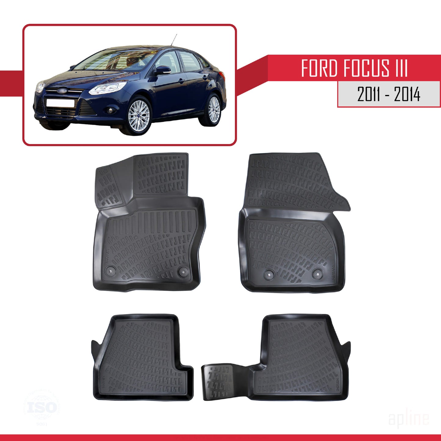 Compatibile con Ford Focus 3 (C346) Pre-Facelift 2011-2014 Tappetini auto 4D neri