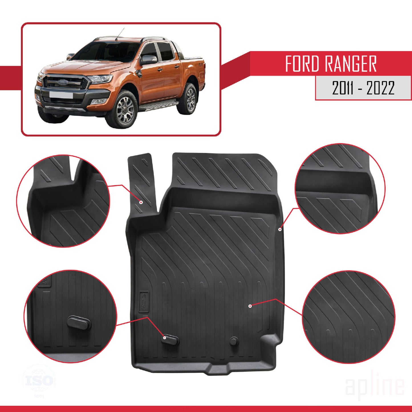 Compatibile con Ford Ranger (P375) 2011-2022 4D Tappeti in Gomma Nero