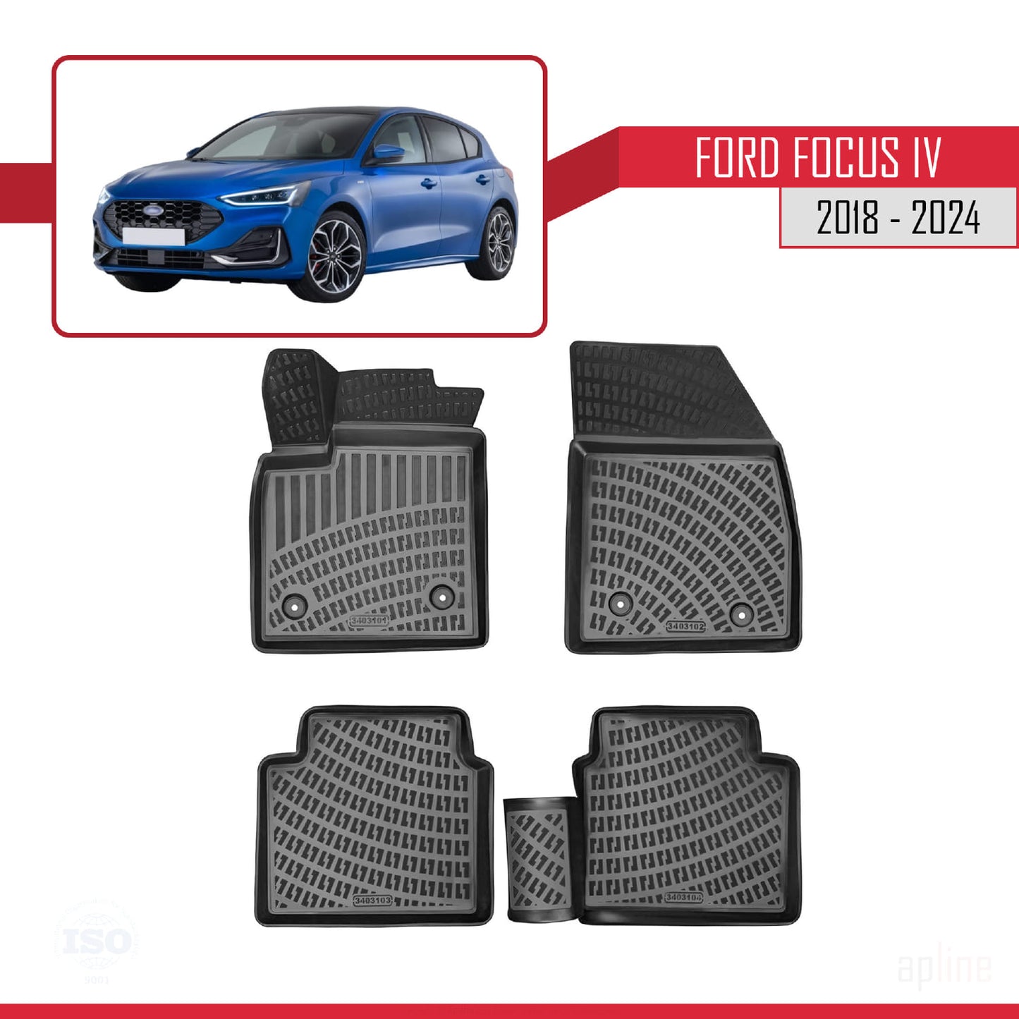 Tappetini auto neri compatibili con Ford Focus 4 (C519) 2018-2025 4D