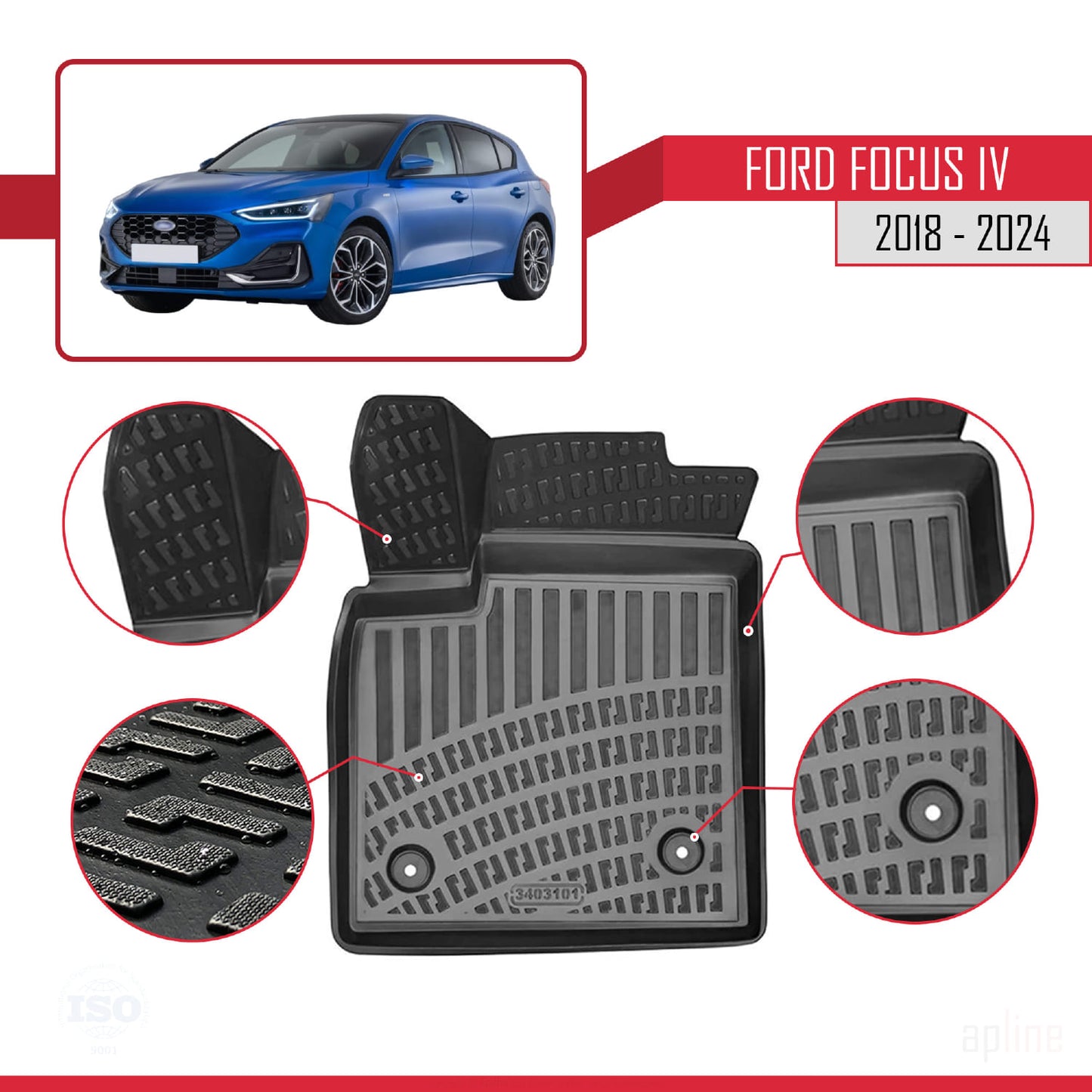 Tappetini auto neri compatibili con Ford Focus 4 (C519) 2018-2025 4D