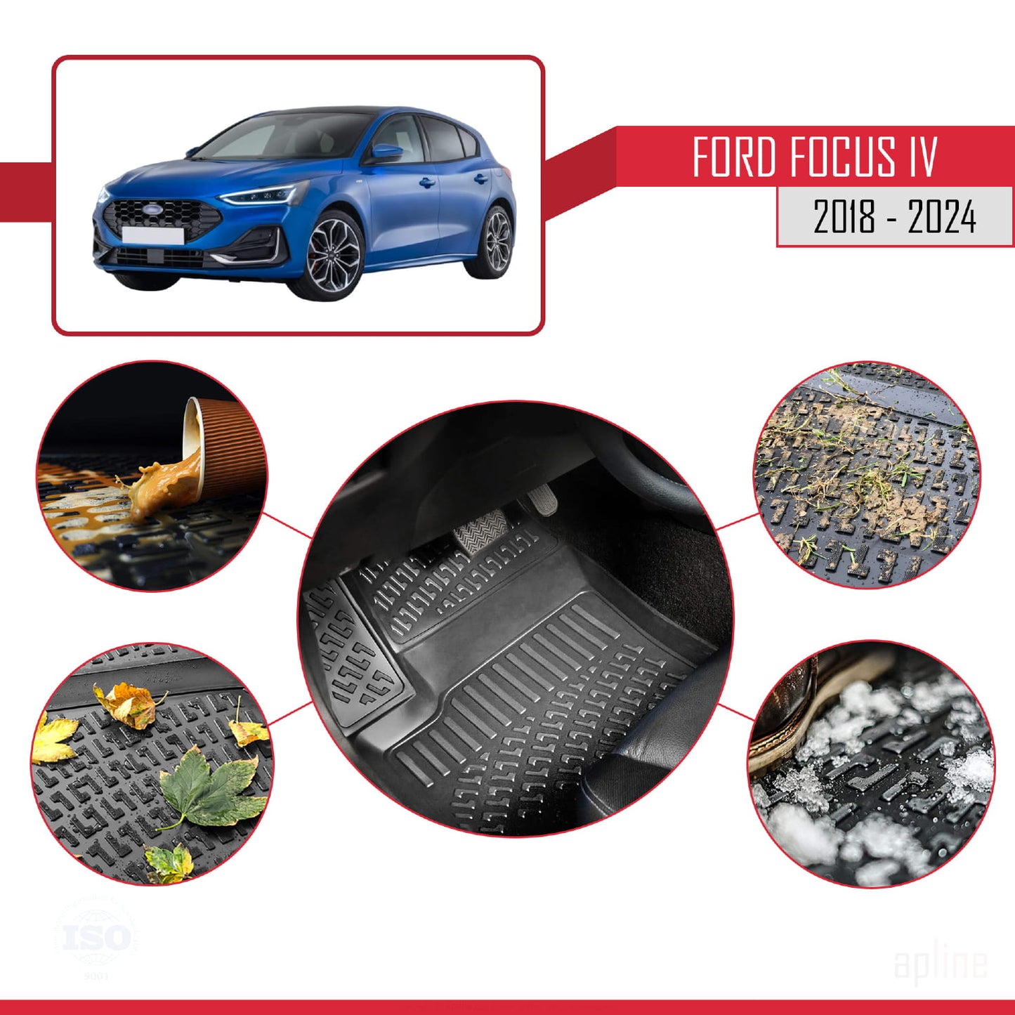 Tappetini auto neri compatibili con Ford Focus 4 (C519) 2018-2025 4D