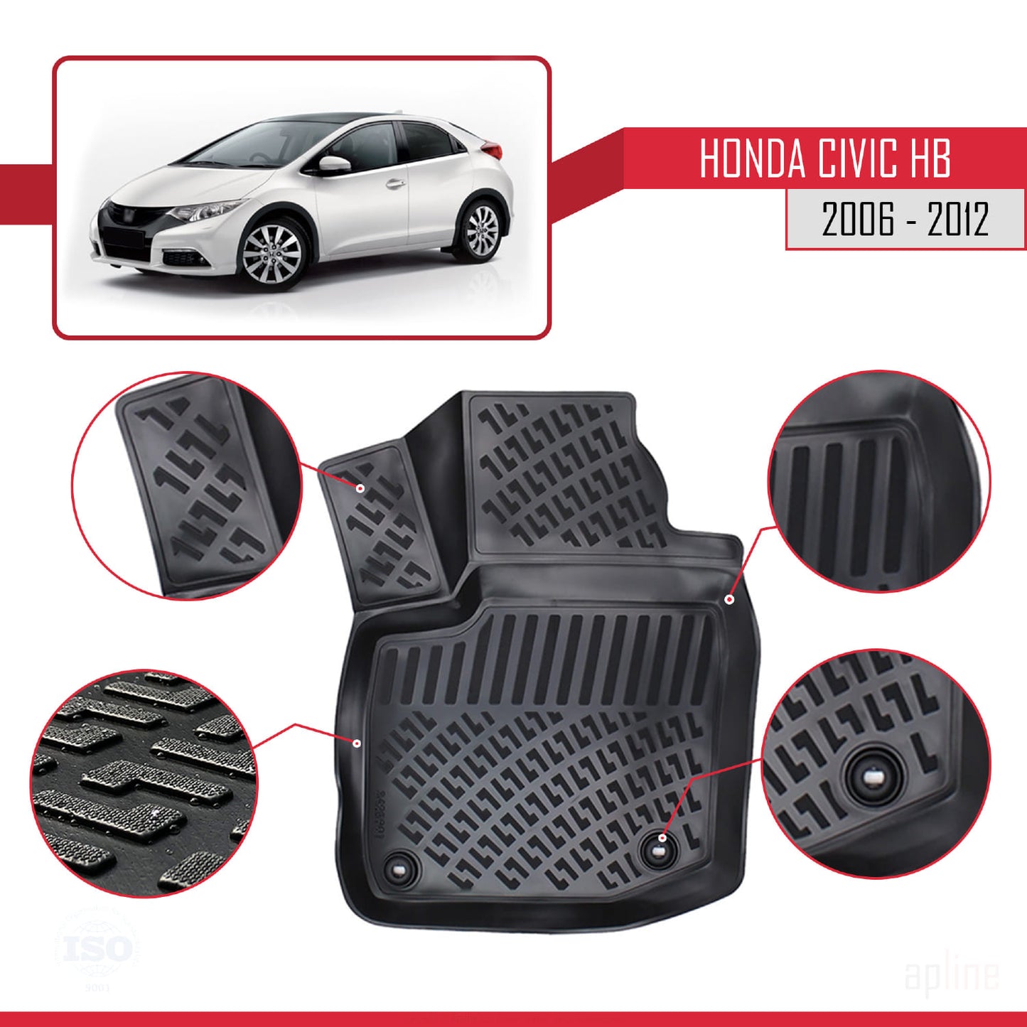Tappetini auto neri compatibili con Honda Civic HB 2012-2015 4D