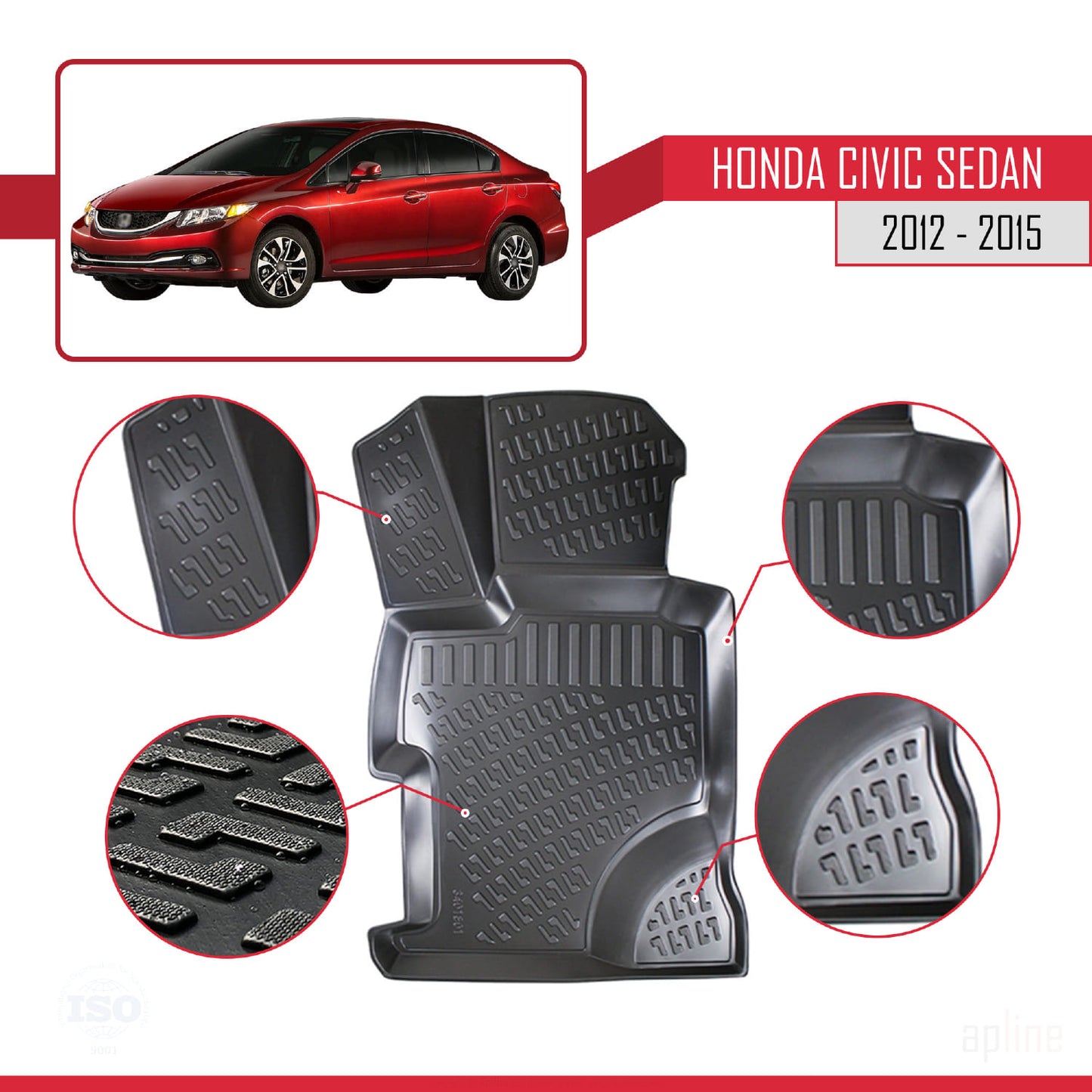 Tappetini auto neri compatibili con Honda Civic 9 (FB) Sedan 2012-2015 4D