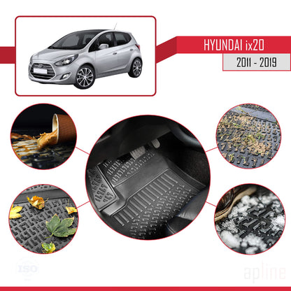 Compatibile con Hyundai ix20 (JC) 2011-2019 Tappetini auto 4D neri