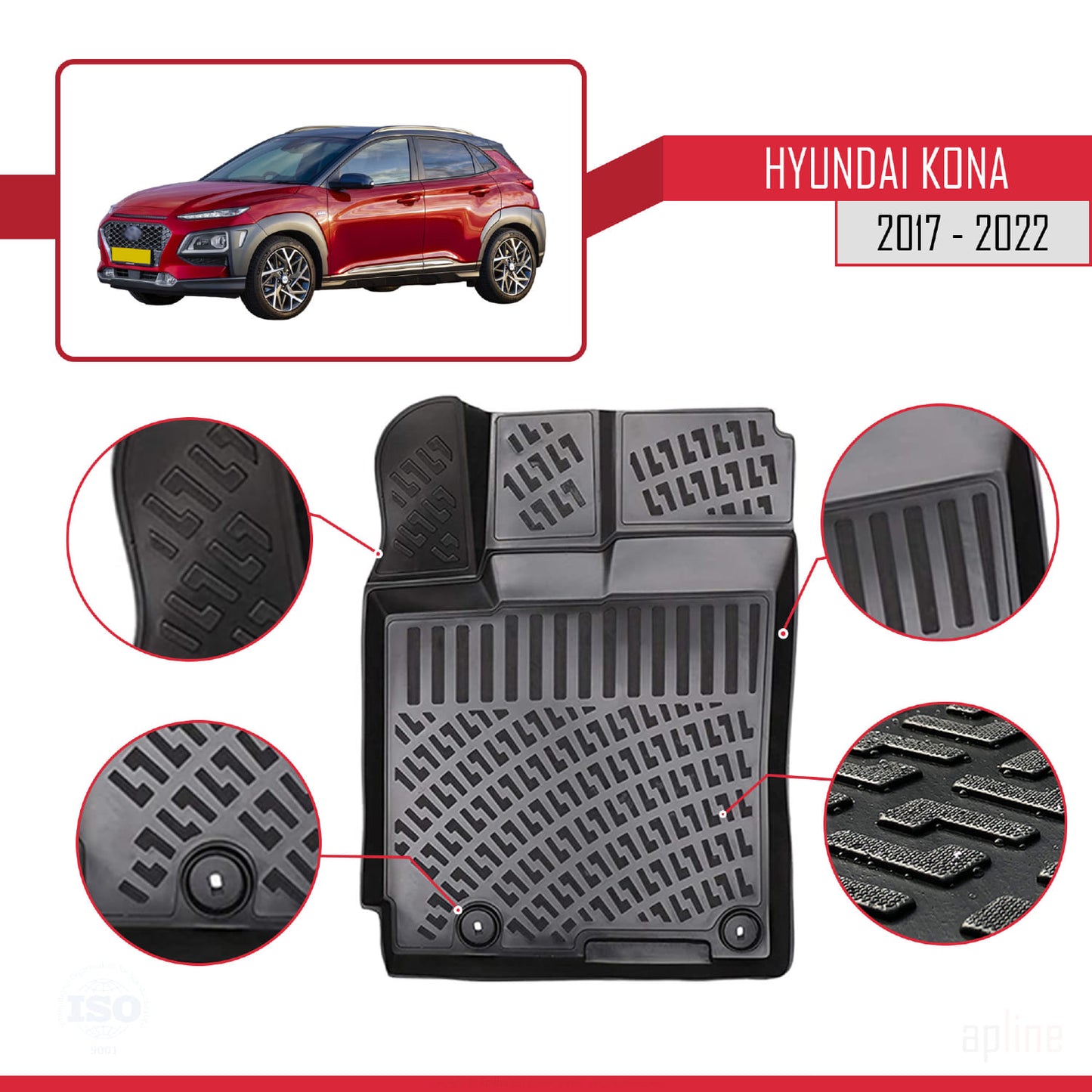 Tappetini auto compatibili con Hyundai Kona (OS) 2017-2022 4D neri