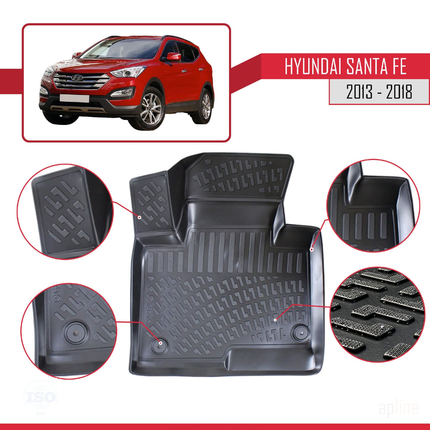 Tappetini auto compatibili con Hyundai Santa Fe 3 (DM) 2013-2018 4D neri