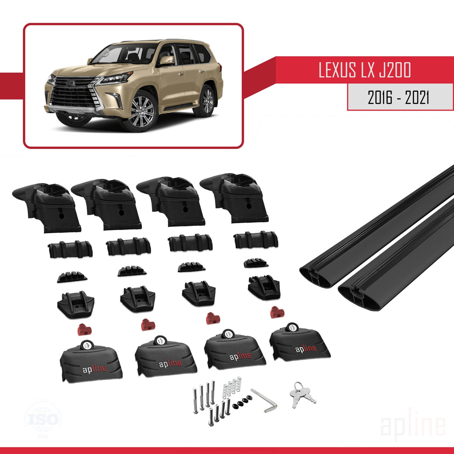 Compatible avec Lexus LX 3 (J200) 2016-2021 ACE-2 Barres de Toit Railing Porte-Bagages de Voiture Noir Aluminium 2 Barres