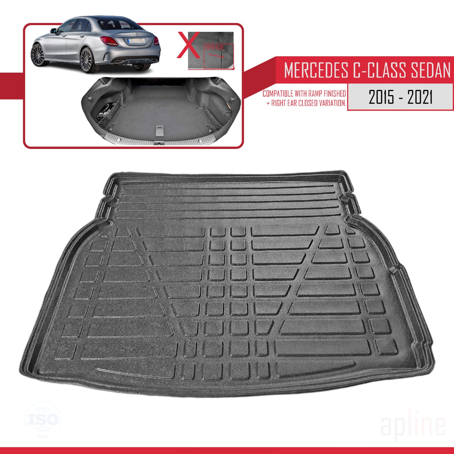 Compatible avec Mercedes Classe C 4 (W205) V3 2015-2021 Flexible Tapis de Coffre Plancher de Chargement Noir