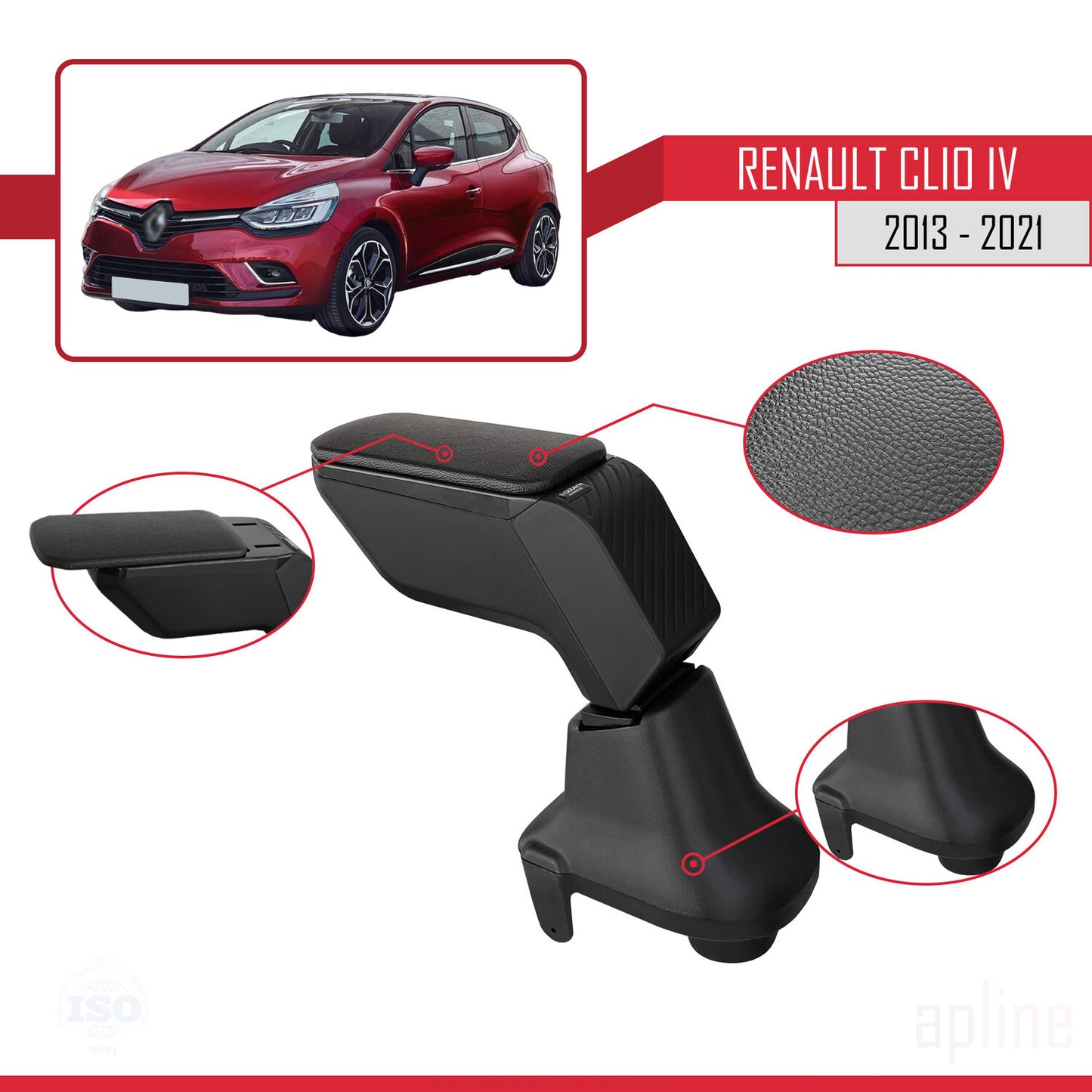 Mittelarmlehne für Renault Clio (4) 2013–2023, Ablagefach in der Mittelkonsole, schwarzes Kunstleder
