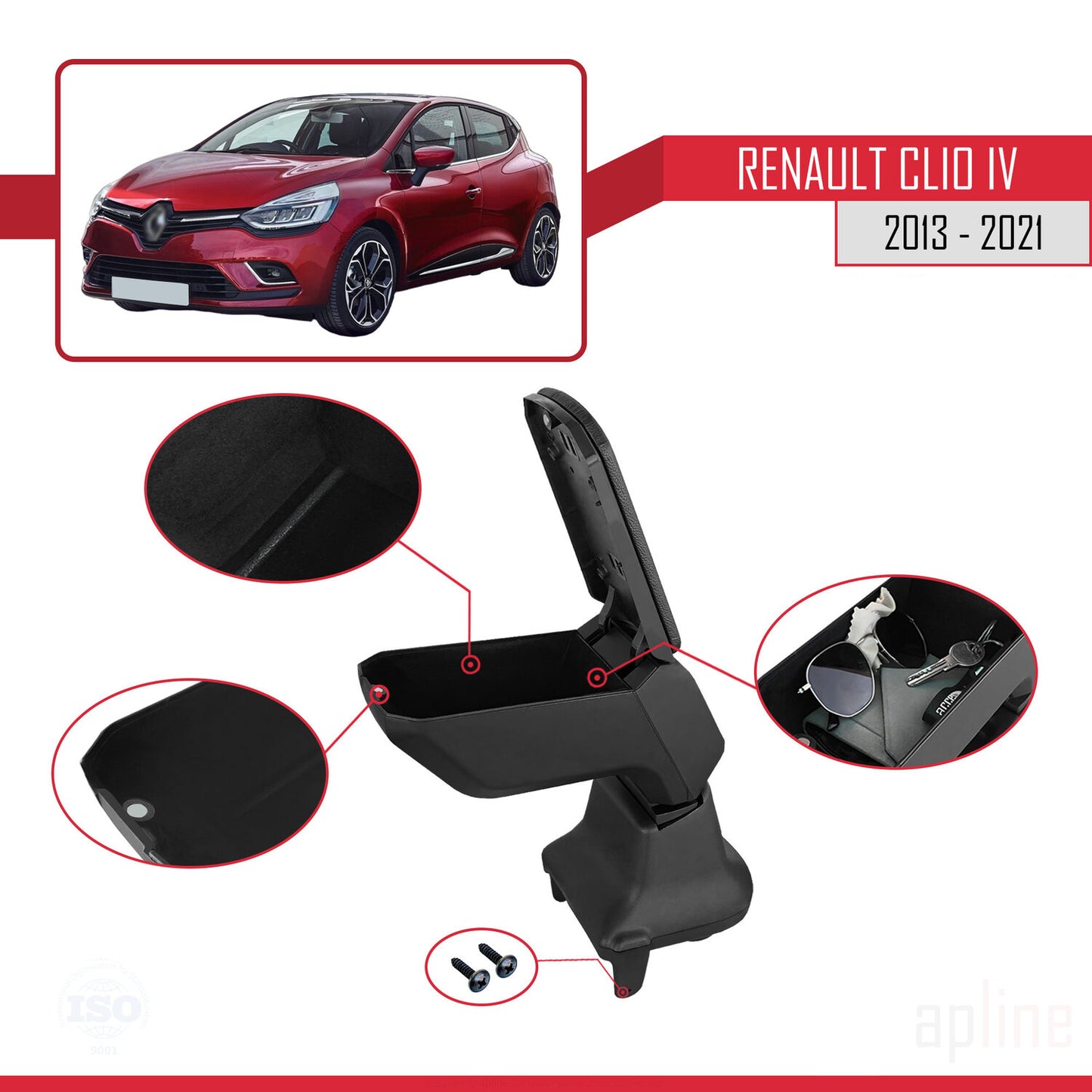Mittelarmlehne für Renault Clio (4) 2013–2023, Ablagefach in der Mittelkonsole, schwarzes Kunstleder