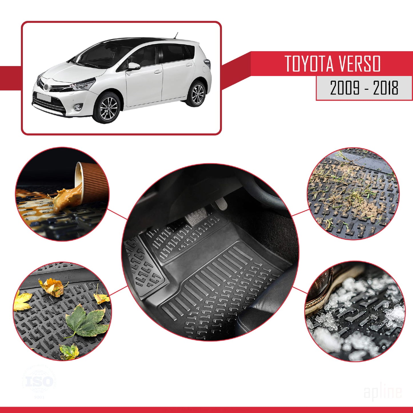 Compatible avec Toyota Verso (AR20) 2009-2018 4D Tapis de Voiture Noir