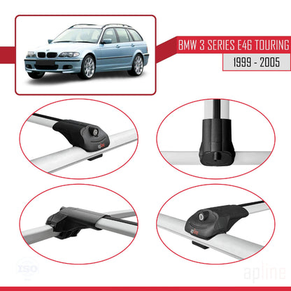 Compatible avec BMW Série 3 (E46) Touring 1999-2005 ACE-1 Barres de Toit Railing Porte-Bagages de Voiture Gris Aluminium 3 Barres