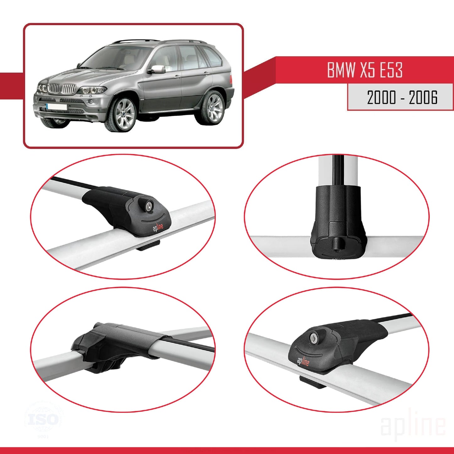 Compatibile con BMW X5 (E53) 2000-2006 ACE-1 Barre portatutto per auto Portapacchi in alluminio grigio 3 barre