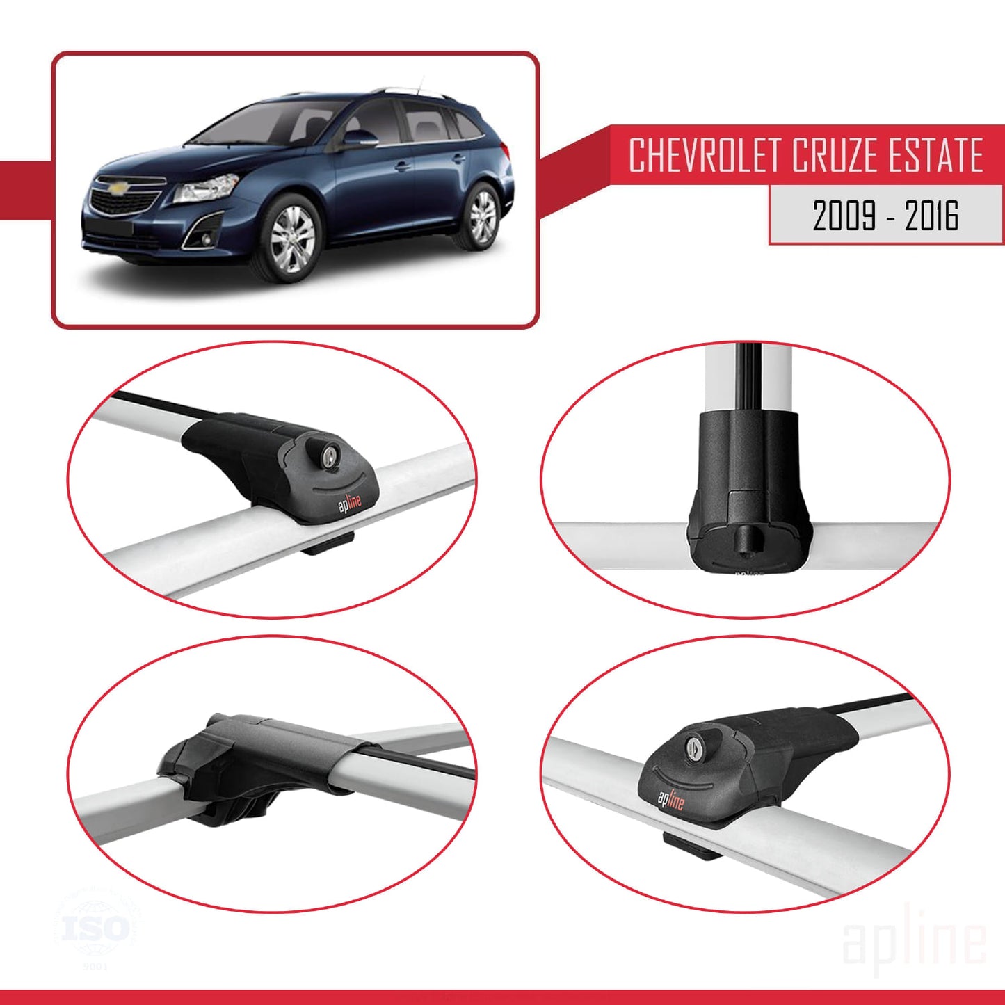 Compatibile con Chevrolet Cruze (J300) 2009-2016 ACE-1 Barre portatutto per auto Portapacchi in alluminio grigio 2 barre