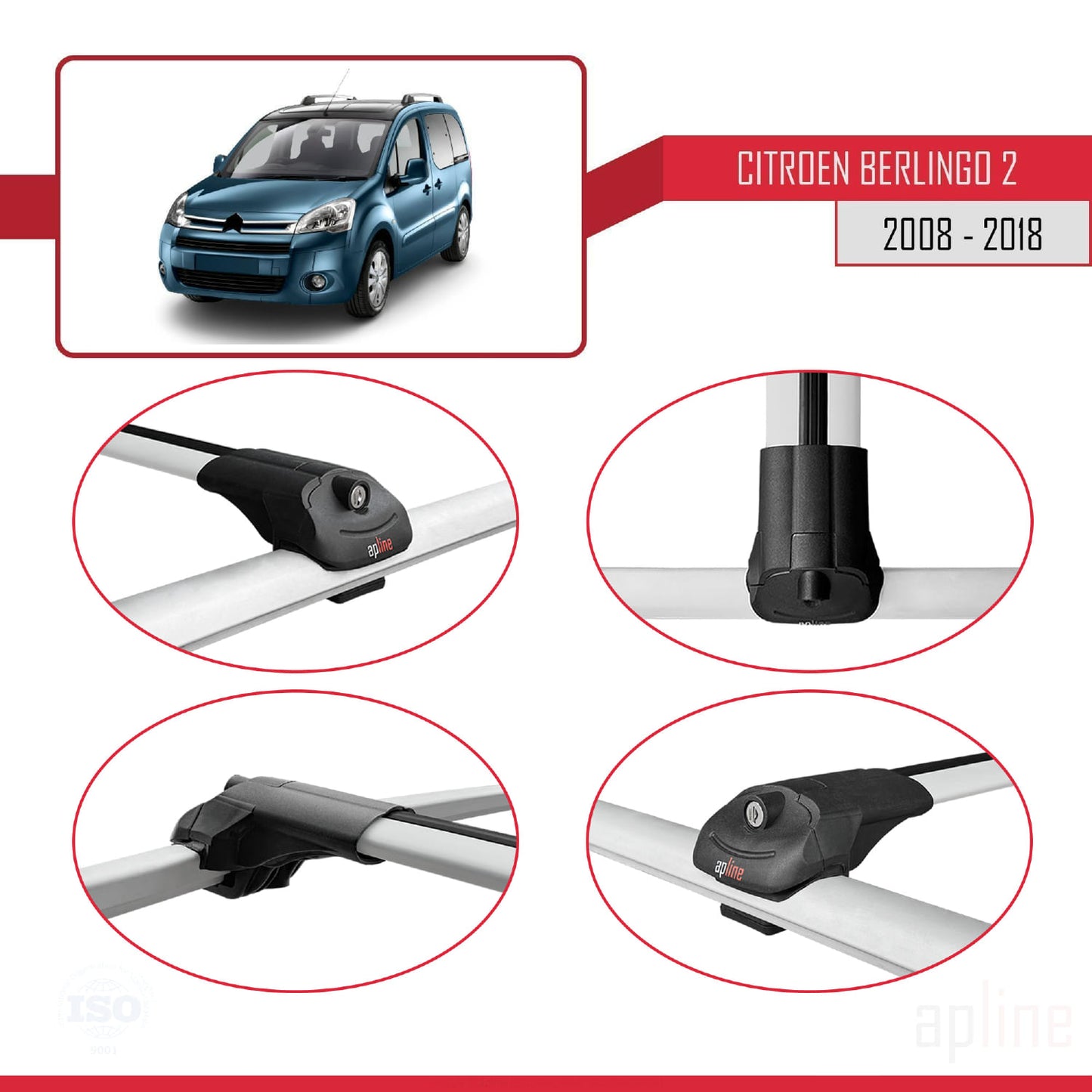 Compatibile con Citroen Berlingo 2 (B9) 2008-2018 ACE-1 Barre portatutto per auto Portapacchi in alluminio grigio 4 barre