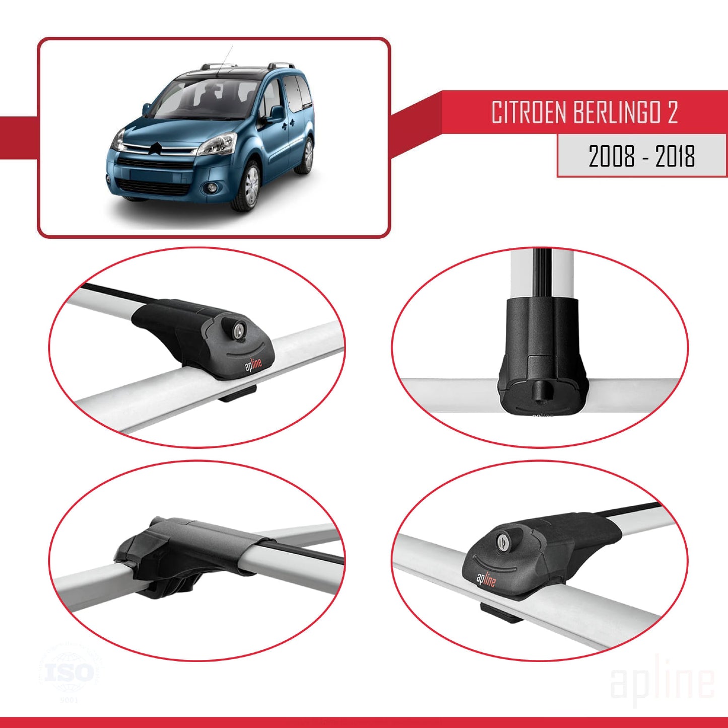 Compatibile con Citroen Berlingo 2 (B9) 2008-2018 ACE-1 Barre portatutto per auto Portapacchi in alluminio grigio 2 barre