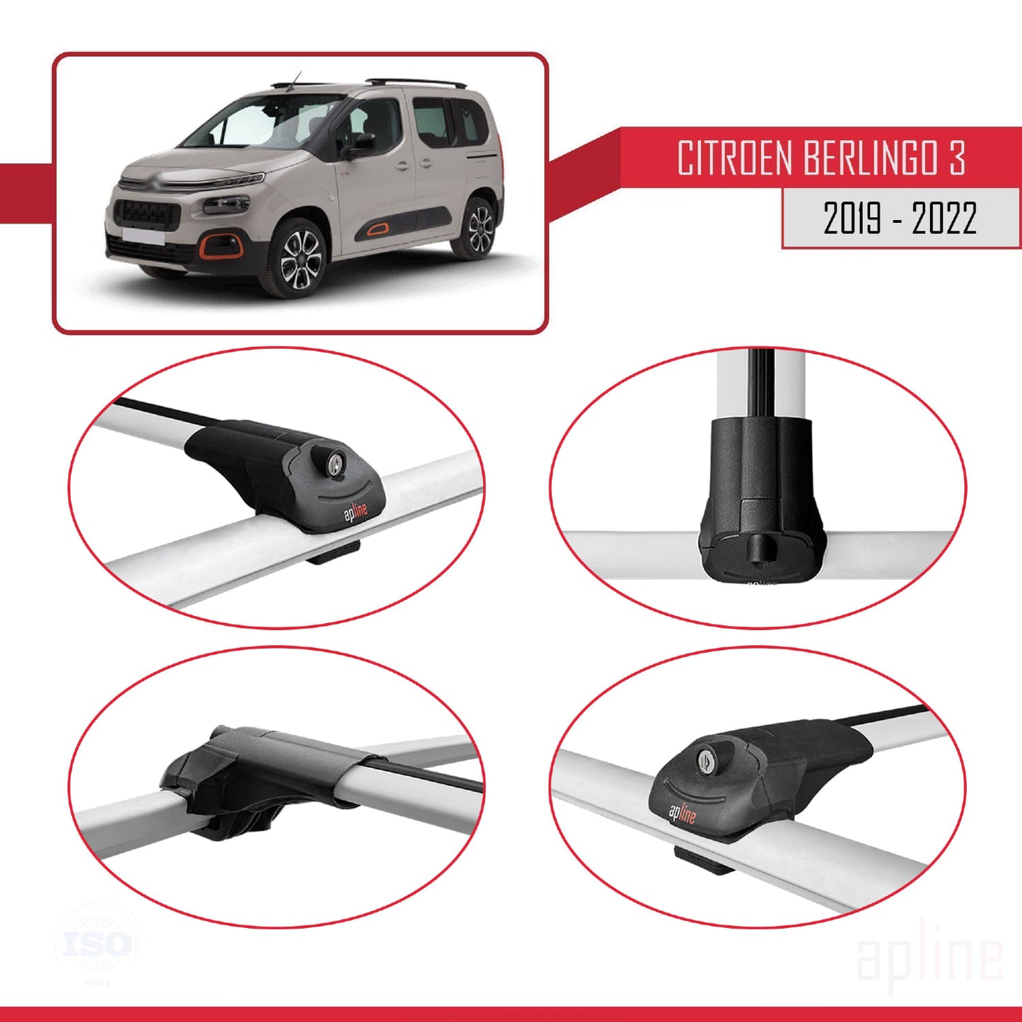 Compatibile con Citroen Berlingo 3 (K9) 2019-2022 ACE-1 Barre portatutto per auto Portapacchi in alluminio grigio 3 barre