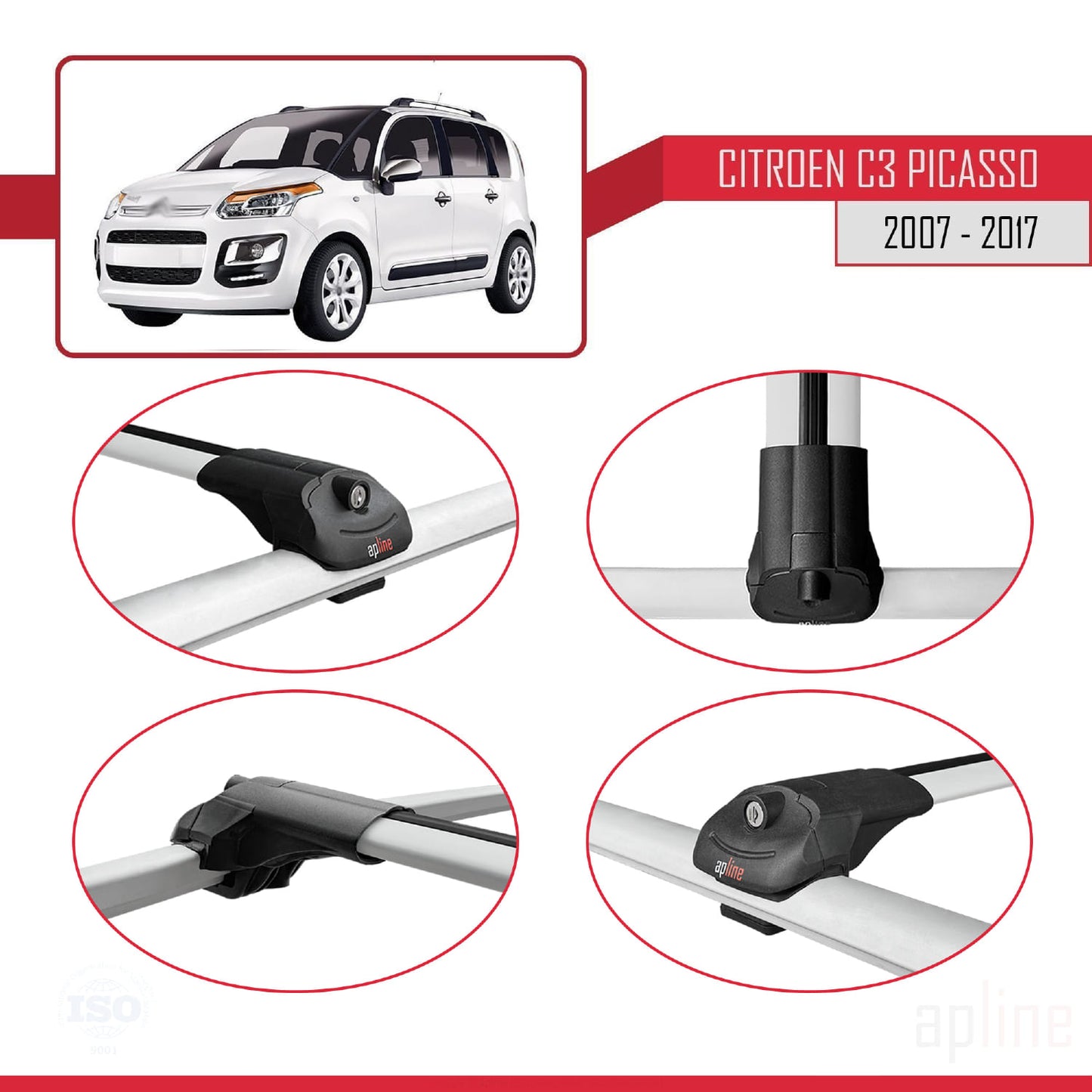 Compatibile con Citroen C3 Picasso 2009-2017 ACE-1 Barre portatutto per auto Portapacchi in alluminio grigio 3 barre