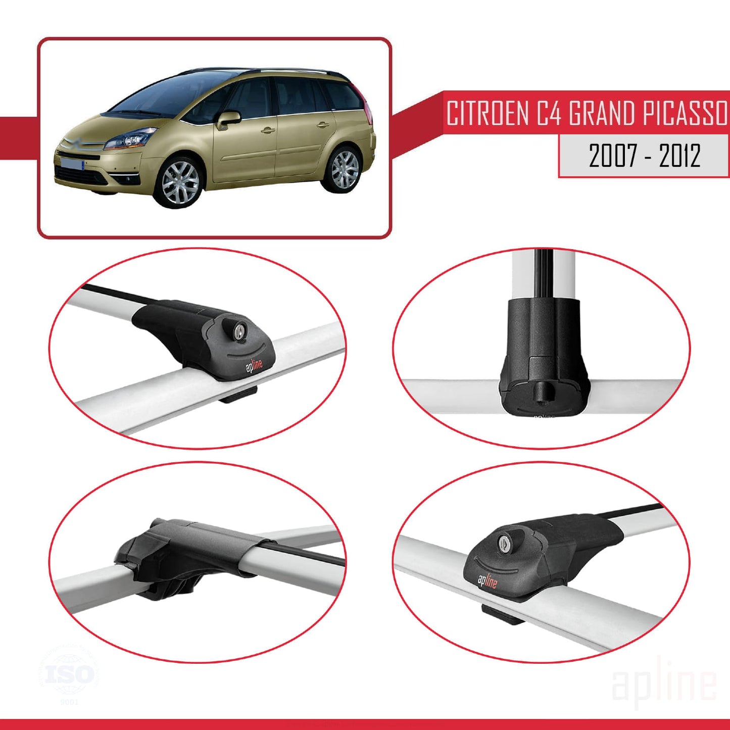 Compatibile con Citroen Grand C4 Picasso 2007-2012 ACE-1 Barre portatutto per auto Portapacchi in alluminio grigio 2 barre