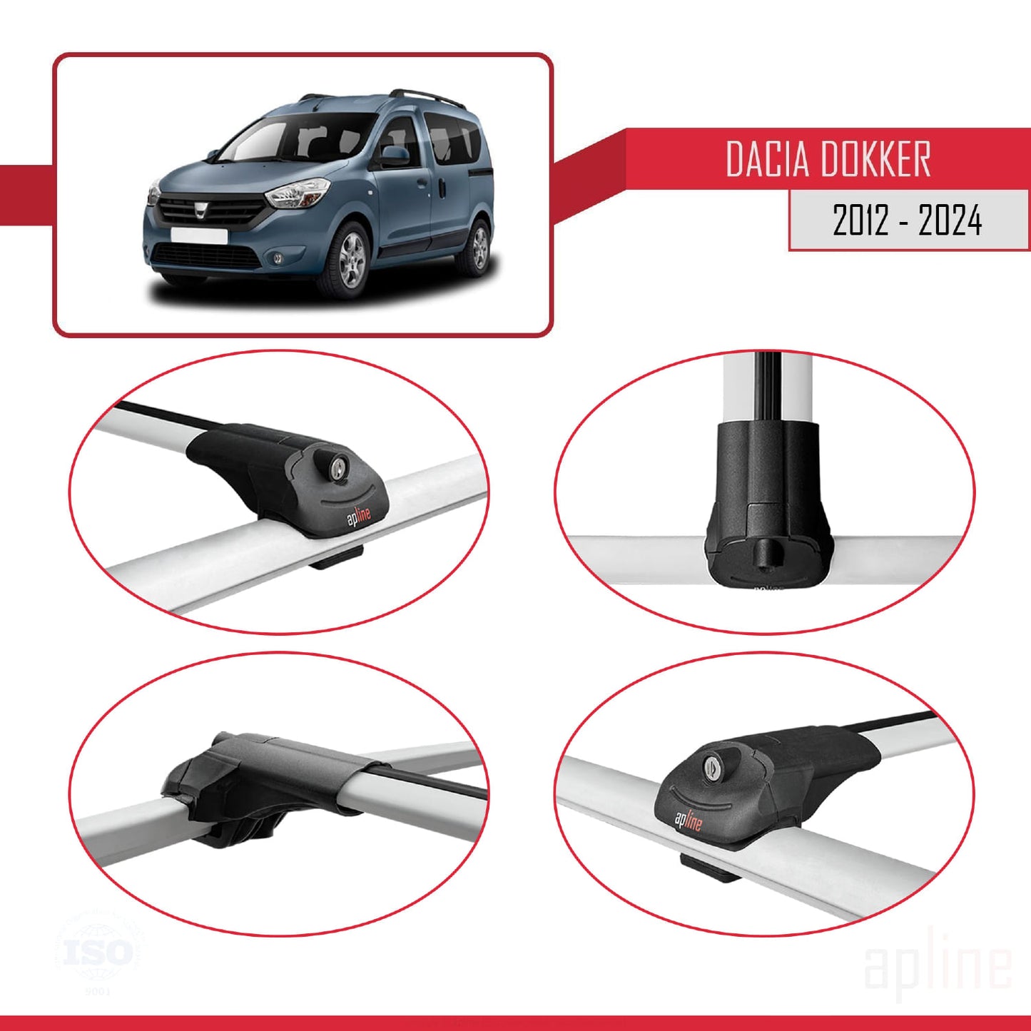 Compatibile con Dacia Dokker (K67) 2012-2024 ACE-1 Barre portatutto per auto Portapacchi Alluminio grigio 2 barre
