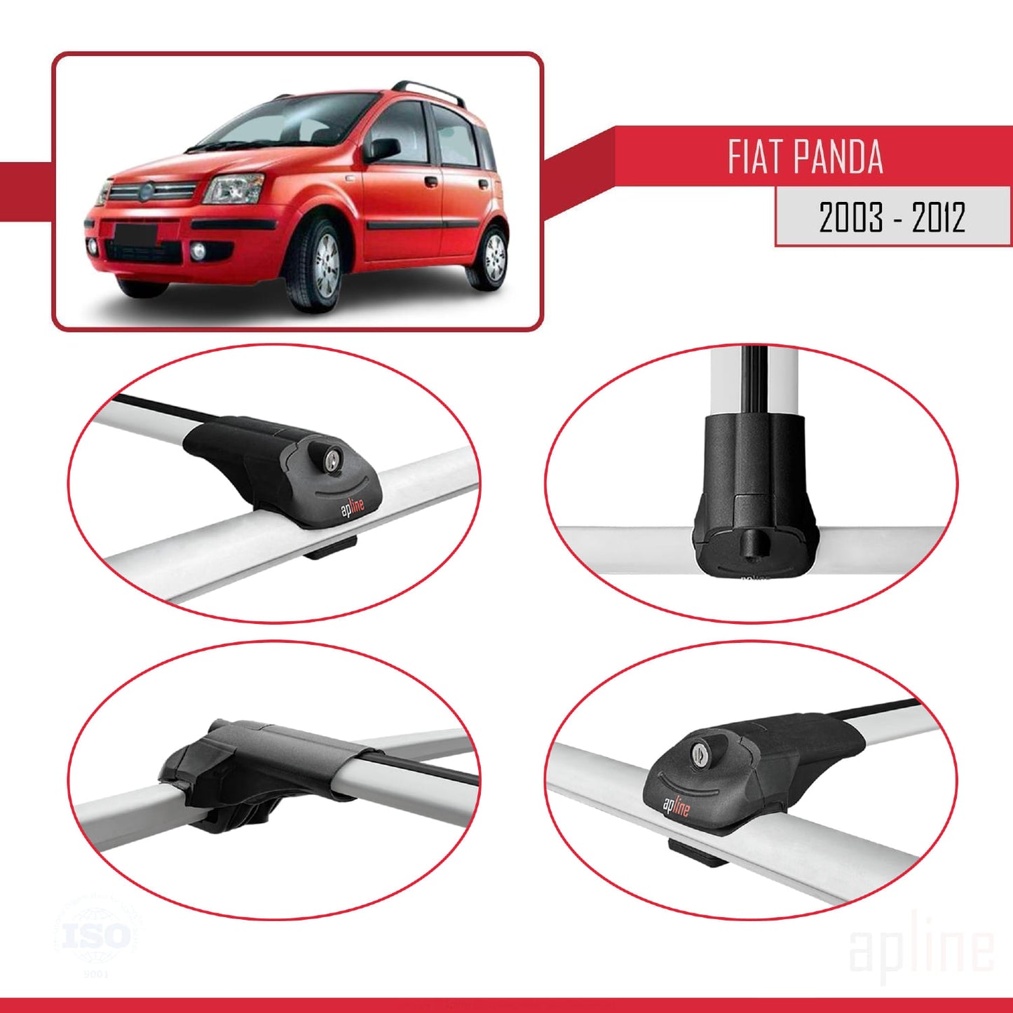 Kompatibel mit Fiat Panda 2 (169) 2003-2012 ACE-1 Dachgepäckträger, graues Aluminium, 2 Stangen