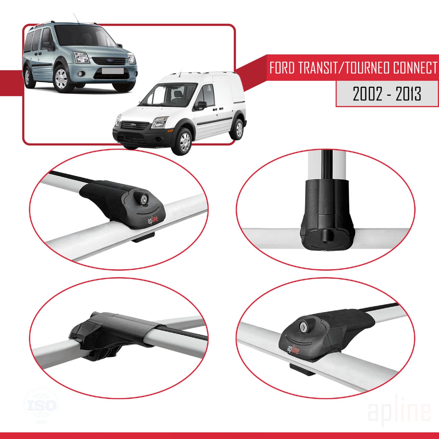 Compatibile con Ford Transit/Tourneo Connect 2002-2013 ACE-1 Barre portatutto per auto Portapacchi in alluminio grigio 4 barre