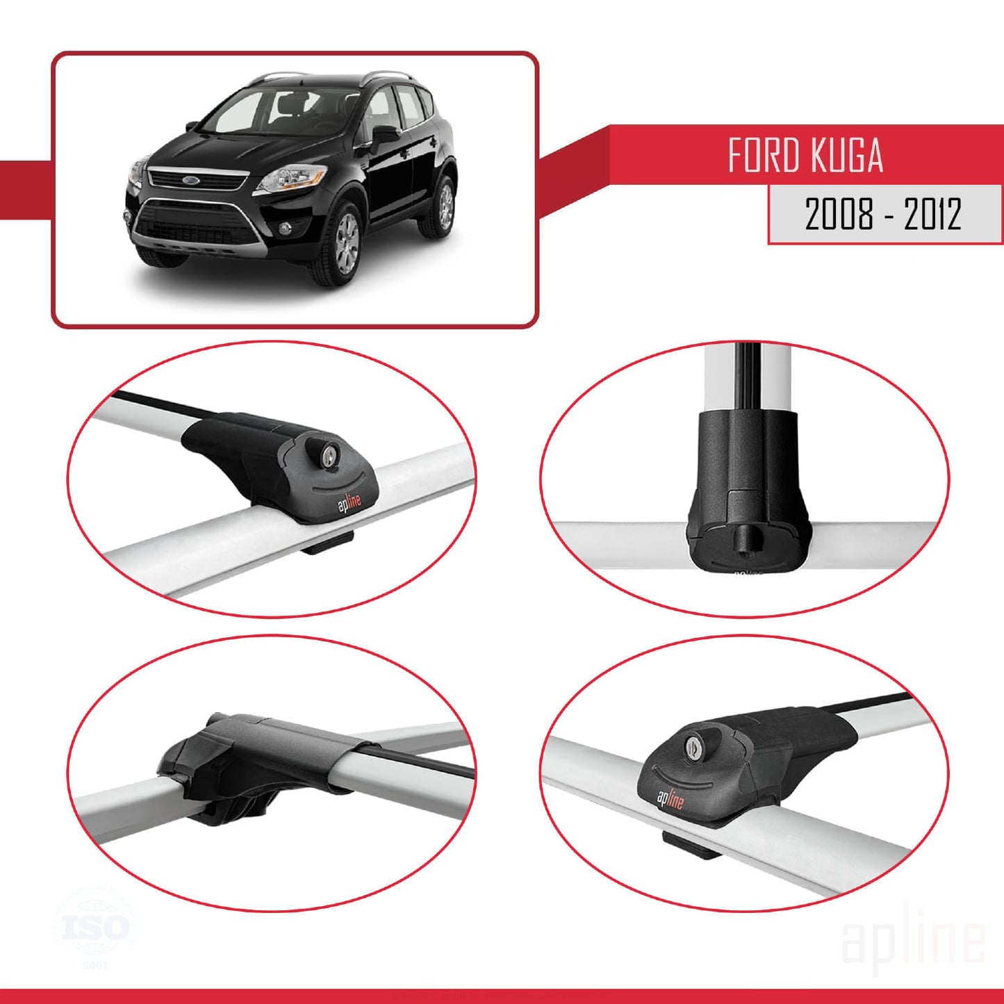 Compatibile con Ford Kuga (C394) 2008-2012 ACE-1 Barre portatutto per auto Portapacchi in alluminio grigio 2 barre