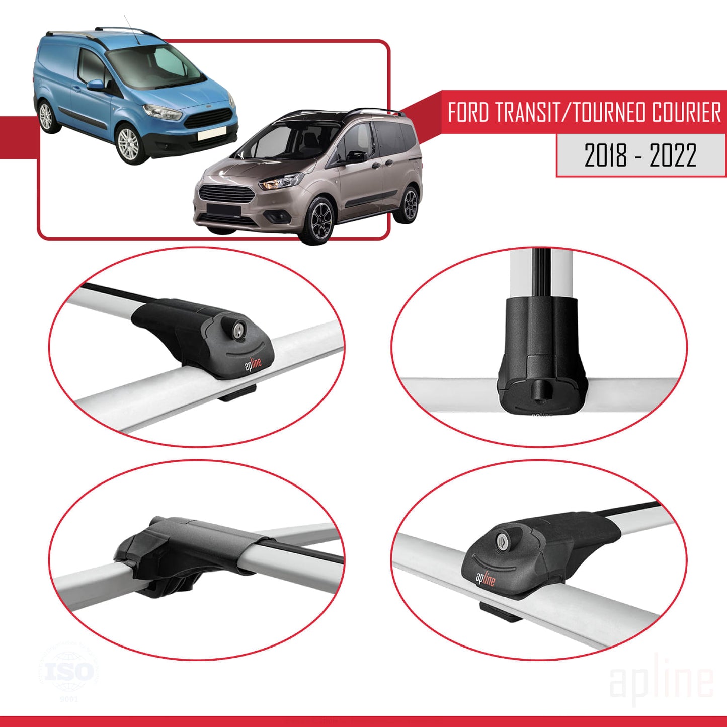 Compatibile con Ford Transit/Tourneo Courier Post-Facelift 2018-2022 ACE-1 Barre portatutto per auto Portapacchi in alluminio grigio 2 barre