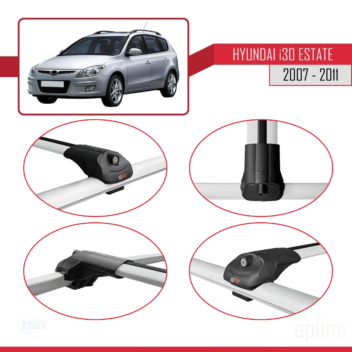 Compatibile con Hyundai i30 (FD) Station Wagon 2007-2011 ACE-1 Barre portatutto per auto Portapacchi in alluminio grigio 3 barre