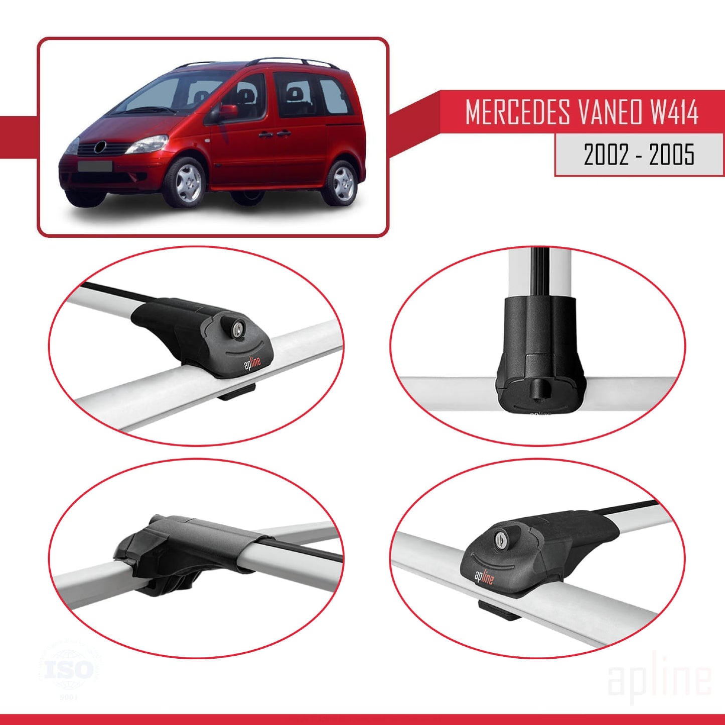 Compatible with Mercedes Vaneo (W414) 2002-2005 ACE-1 Car Roof Rack Cross Bar Grey Aluminium 3 Bars