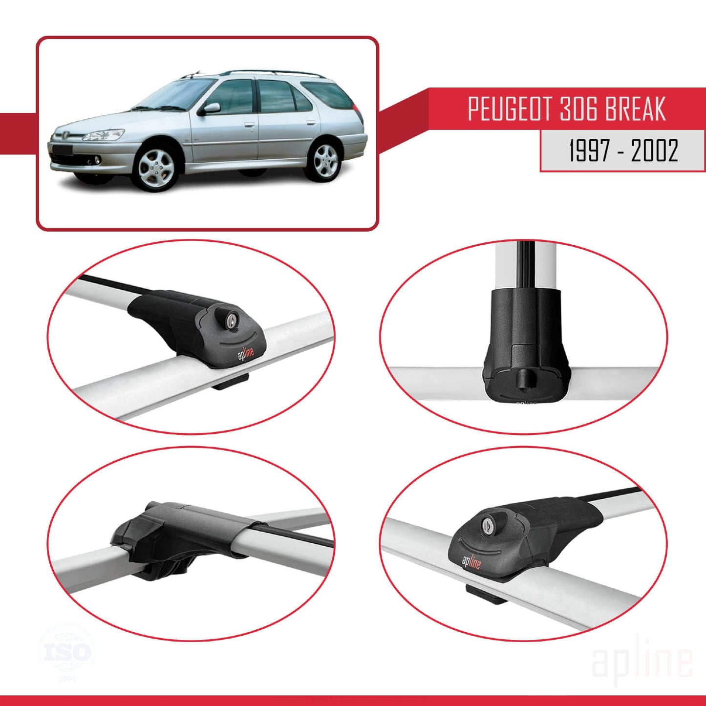 Compatible avec Peugeot 306 Break 1997-2002 ACE-1 Barres de Toit Railing Porte-Bagages de Voiture Gris Aluminium 2 Barres