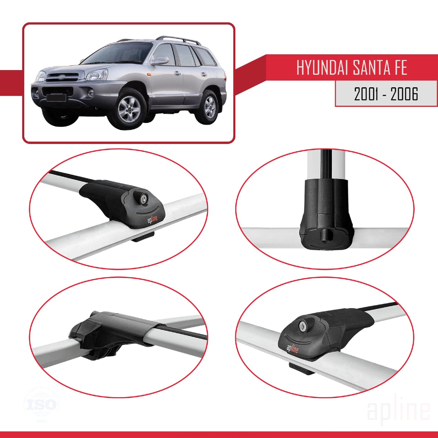 Compatibile con Hyundai Santa Fe (SM) 2001-2006 ACE-1 Barre portatutto per auto Portapacchi in alluminio grigio 2 barre