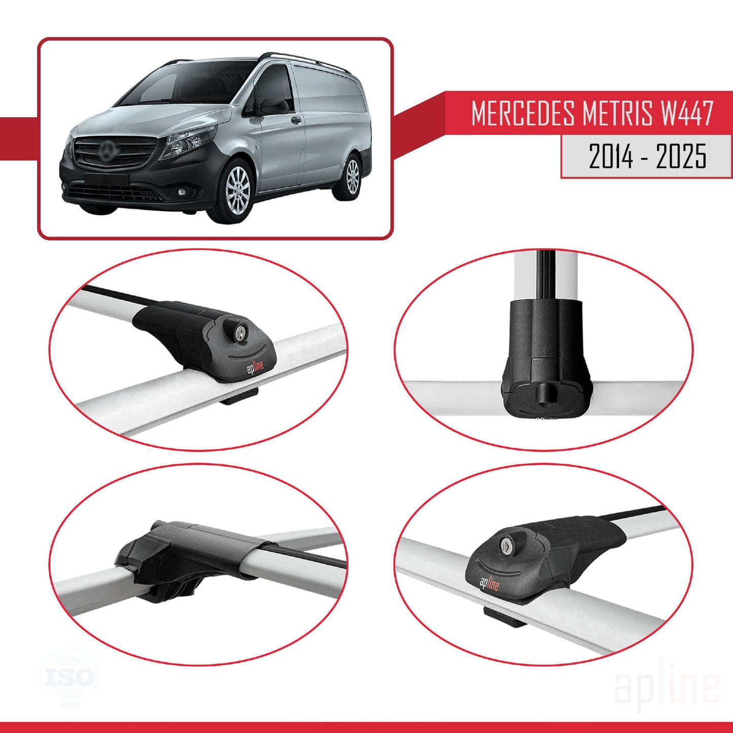 Compatible avec Mercedes Metris (W447) 2014-2025 ACE-1 Barres de Toit Railing Porte-Bagages de Voiture Gris Aluminium 3 Barres