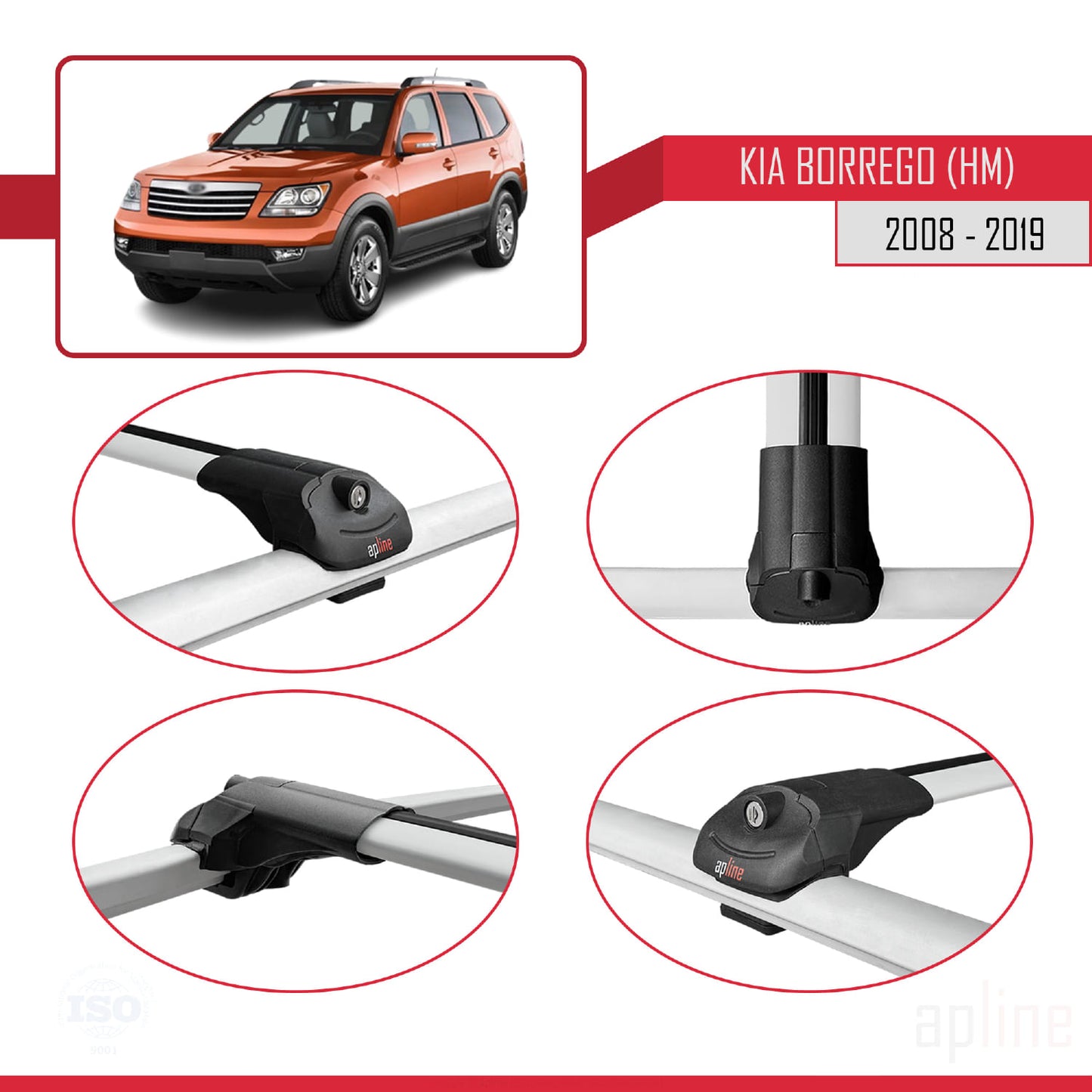 Compatible with Kia Borrego (HM) 2008-2019 ACE-1 Car Roof Rack Cross Bar Grey Aluminium 3 Bars