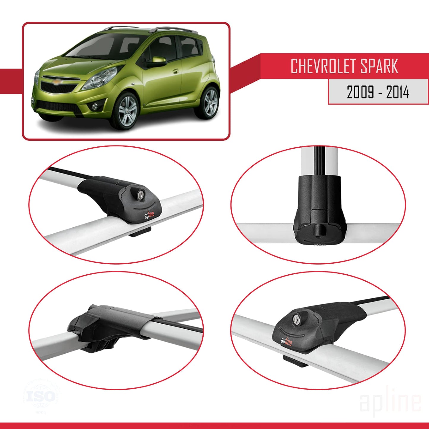 Compatibile con Chevrolet Spark (M300) 2009-2014 ACE-1 Barre portatutto per auto Portapacchi in alluminio grigio 2 barre